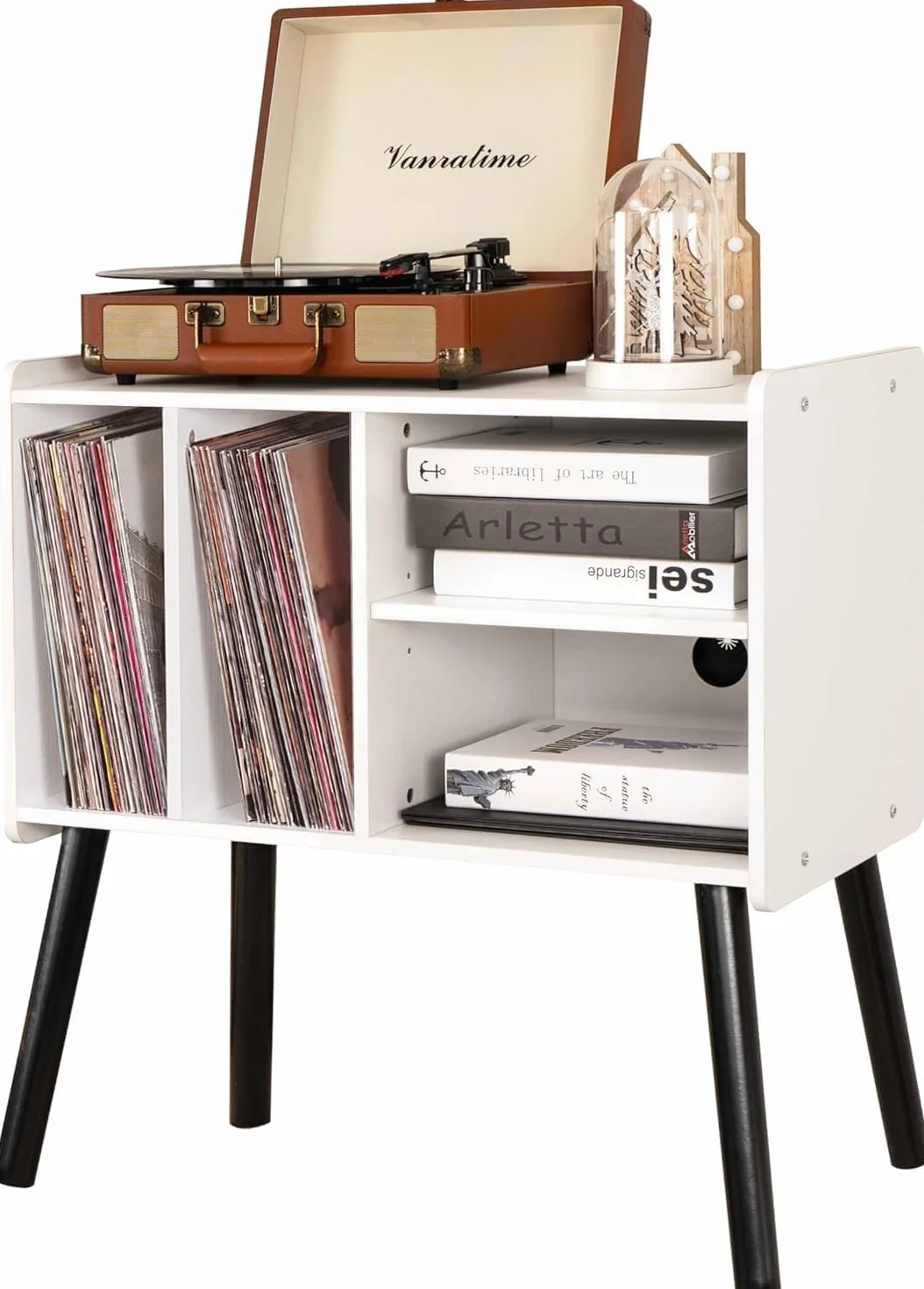 Stół do gramofonu, stojak na gramofon z połowy wieku z winylowym miejscem do przechowywania do ponad 150 albumów, szafka z płytami winylowymi z regulowanymi półkami, biały