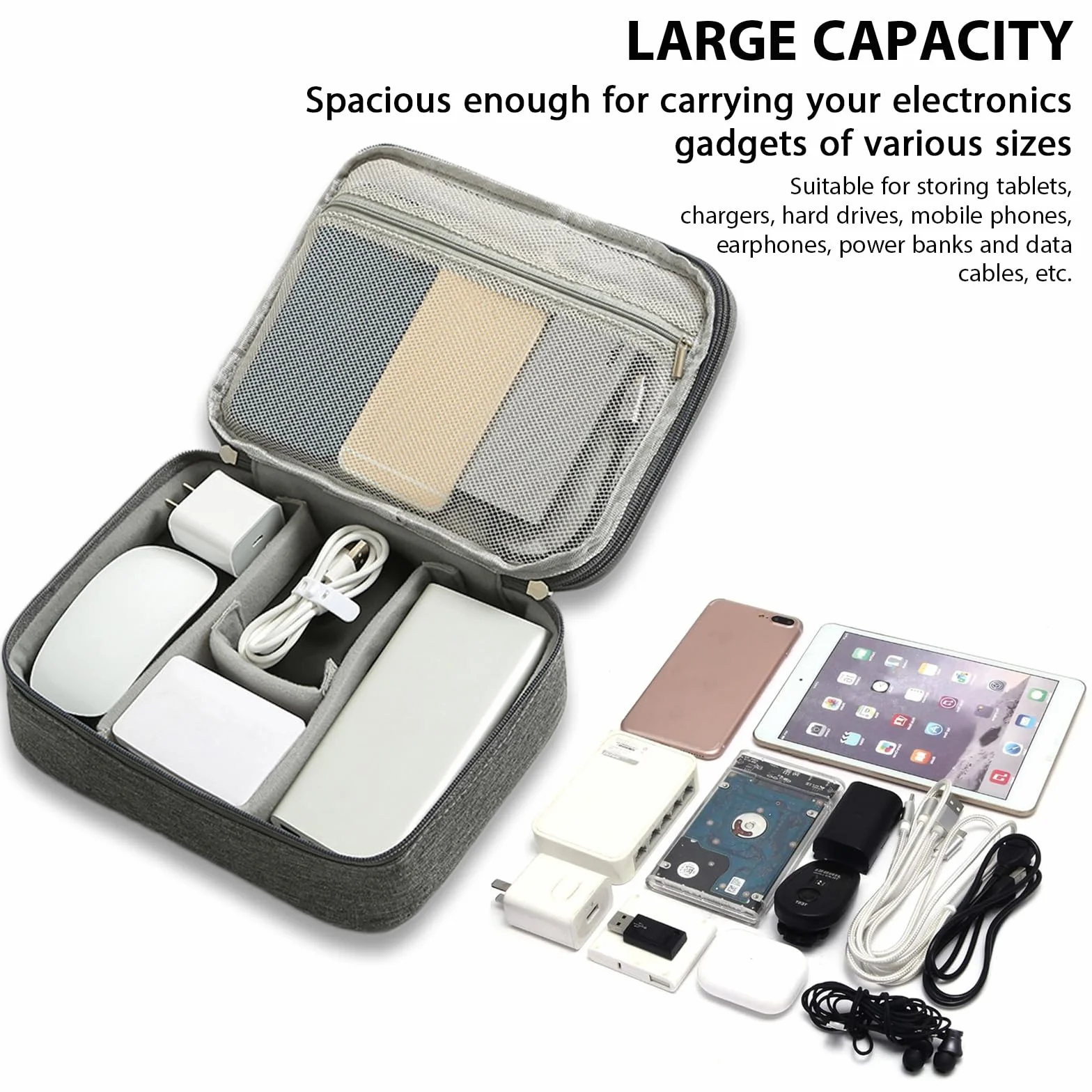 NEUSID Organizer na kabel, 3-warstwowa wodoodporna torba na akcesoria podróżne, uniwersalny organizer USB do ładowania, powerbank, szara, 25,5 x