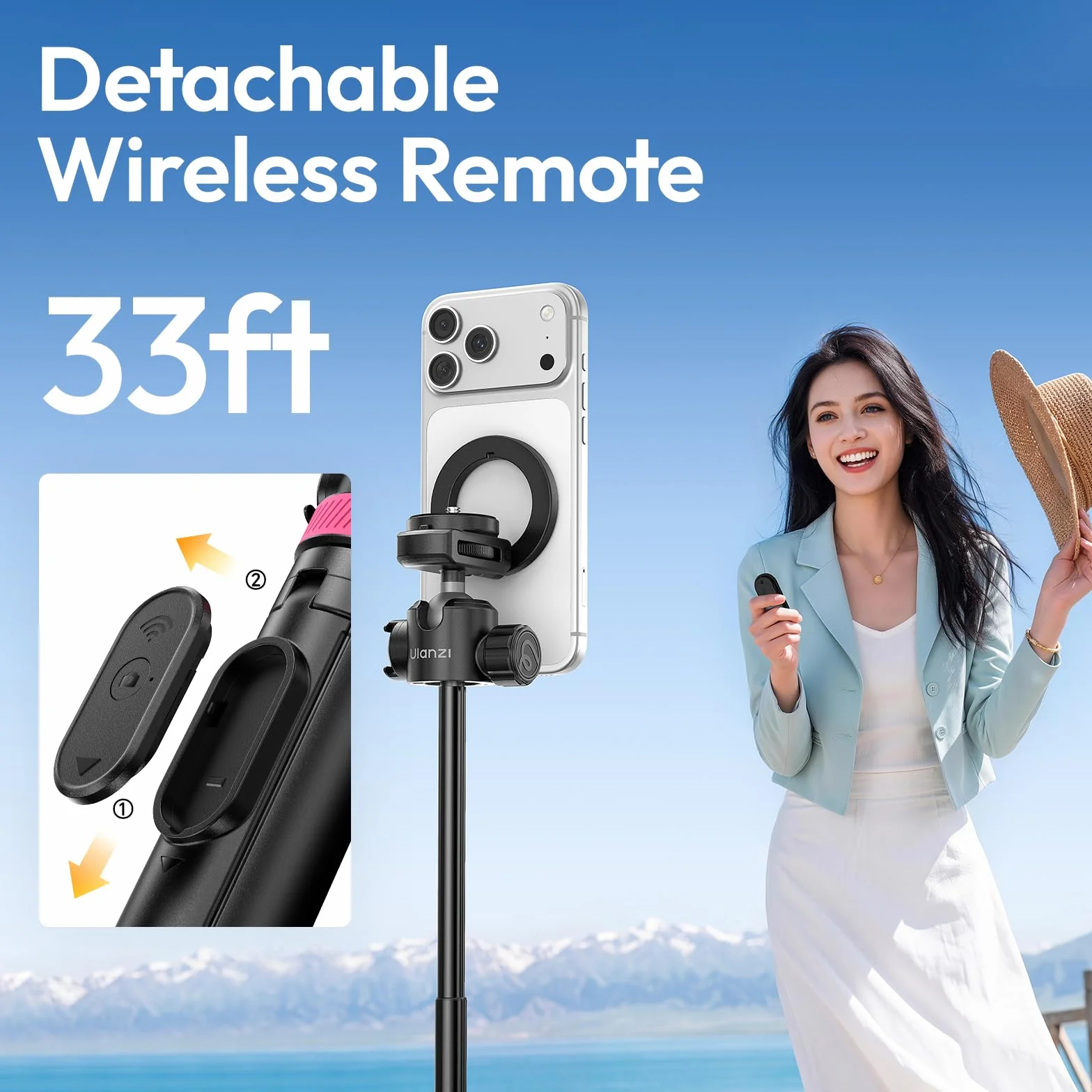ULANZI MT-44M 2026 ULEPSZONY 150 cm (59") Automatycznie Otwierany Magnetyczny Statyw do Telefonu, Kij do Selfie Bluetooth, Stojak na Cztery Nogi, Podwójna Konfiguracja Aparatu, Głowica Kulowa 360°