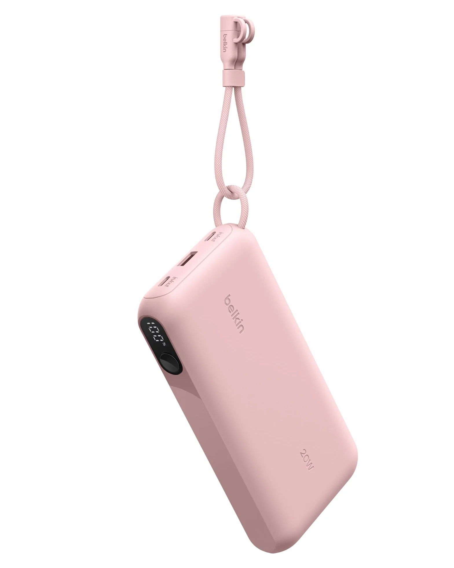 Belkin BoostCharge Powerbank 20 000 mAh z Wyświetlaczem – Różowy | Powerbank 20 000 mAh, 2 Porty USB-C i 1 Port USB-A, 20 W, do Podróży Samolotem, Naładowany, Odłączany Kabel USB-C w Zestawie