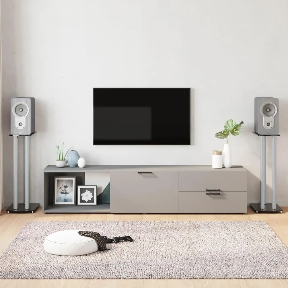 Stojak na głośniki 2 sztuki, czarny, srebrny, z hartowanego szkła z aluminiowymi kolumnami, wysokość 75 cm, antypoślizgowy, z systemem zarządzania kablami, do kina domowego, salonu, studia
