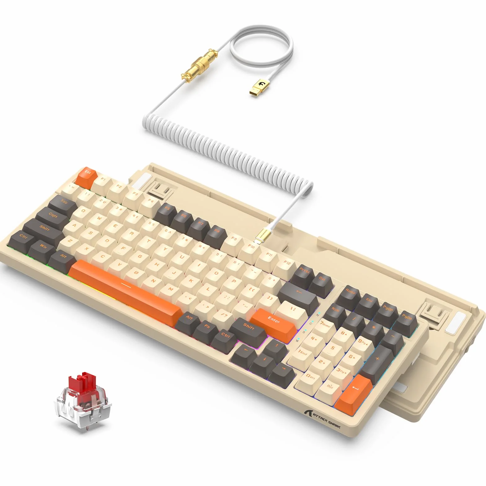 ATTACK SHARK K98 Przewodowa klawiatura mechaniczna do gier z odłączanym metalowym kablem USB C,18 LED RGB Illumination, Customized Red Switch, Programmable Actuation, 100 klawiszy dla Mac/Win（shimmer）