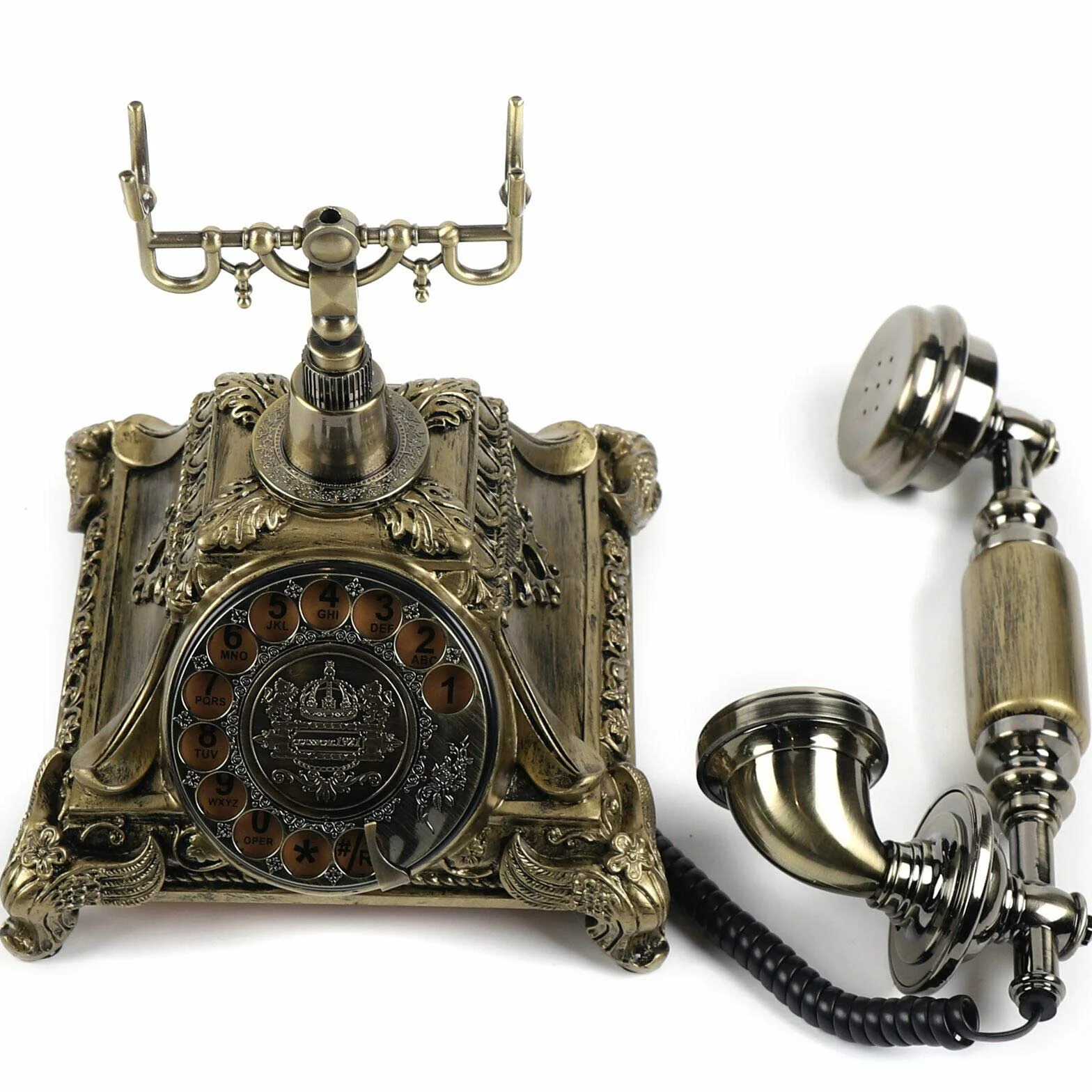 Telefon w stylu vintage, antyk, telefon stacjonarny, stary, modny, nostalgiczny, dekoracja biurka, do domu, biura