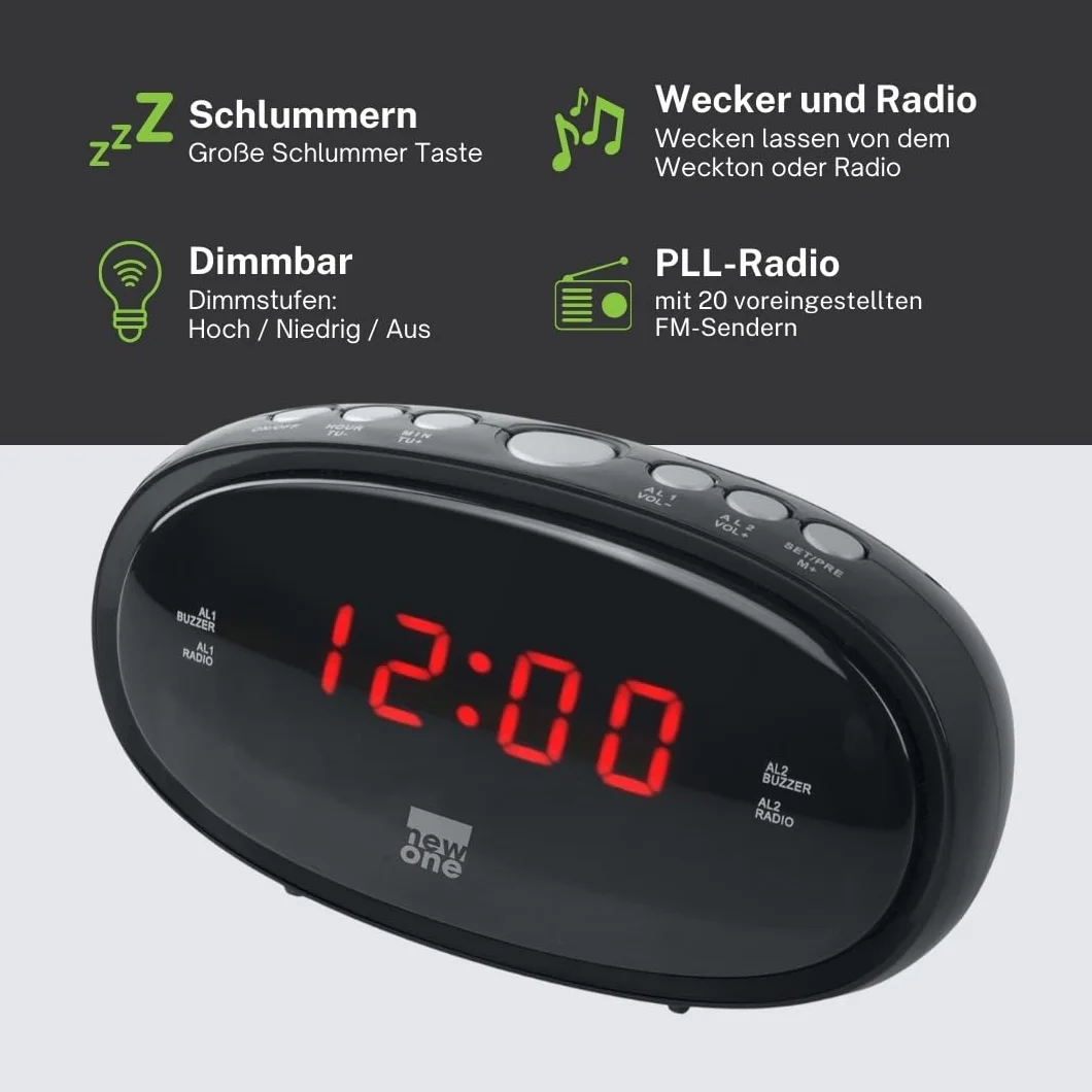 New One CR-100 radio z zegarkiem z możliwością ściemniania, dużym wyświetlaczem, podwójny alarm