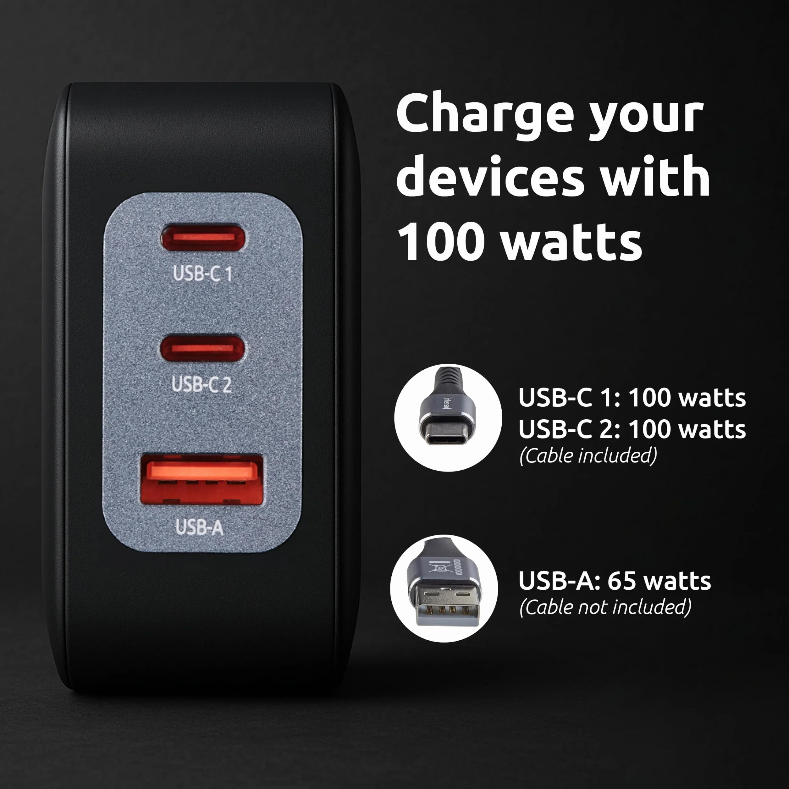 Intenso W100ACC+C520C, zestaw Power Adapter + kabel do ładowania, 100 W, szybkie ładowanie, GaN, 3 urządzenia jednocześnie, do laptopa, MacBooka, iPhone'a, Samsunga i innych, czarny