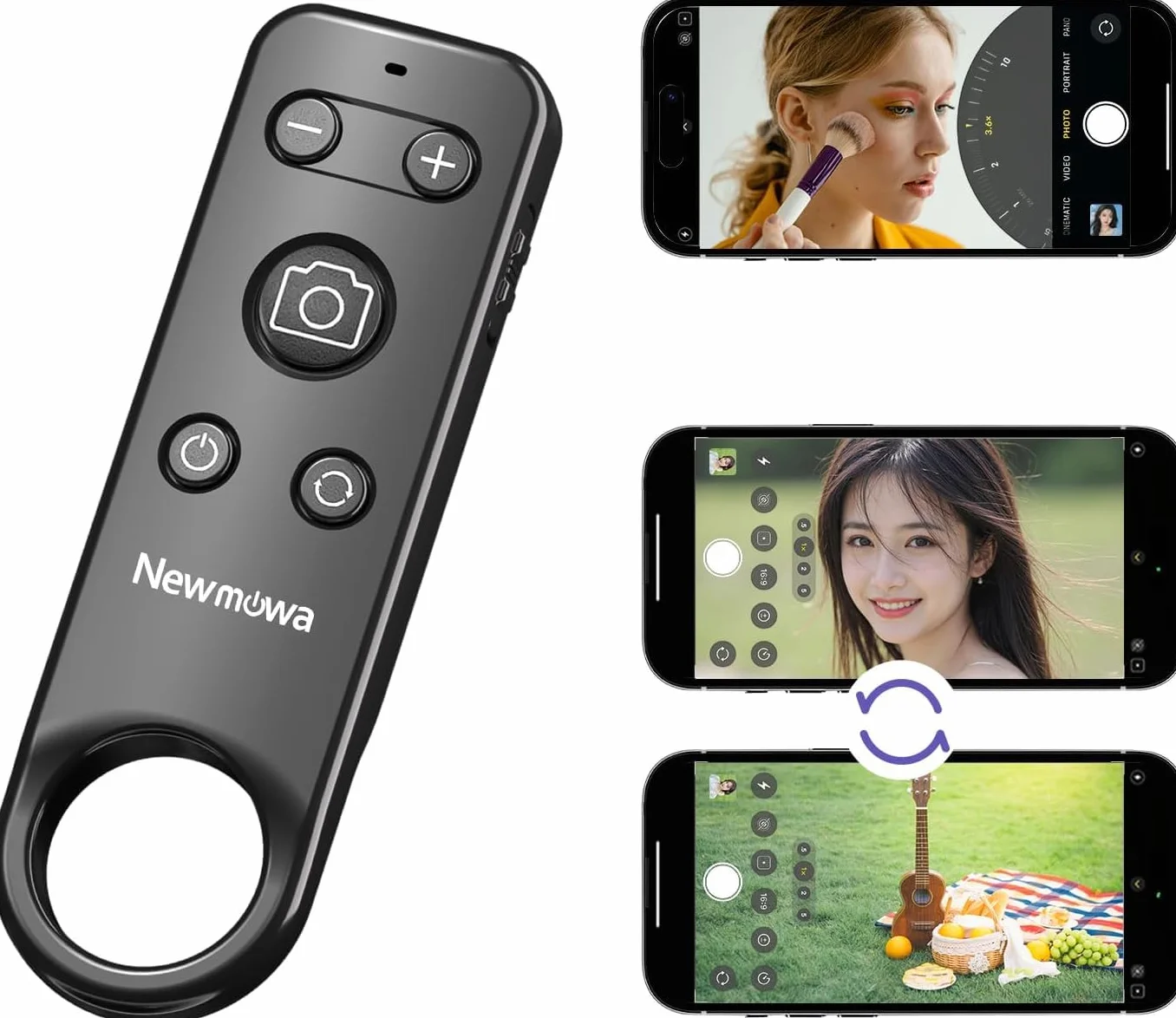 Newmowa Pilot Bluetooth do zdjęć z zoomem dla iPhone (NIE dla iOS 26) | Nagrywanie Wideo/Robienie zdjęć/Przełączanie Kamer akumulatorowy,ładowalny Przenośny Pilot Migawki do Selfie Vlog Podróży