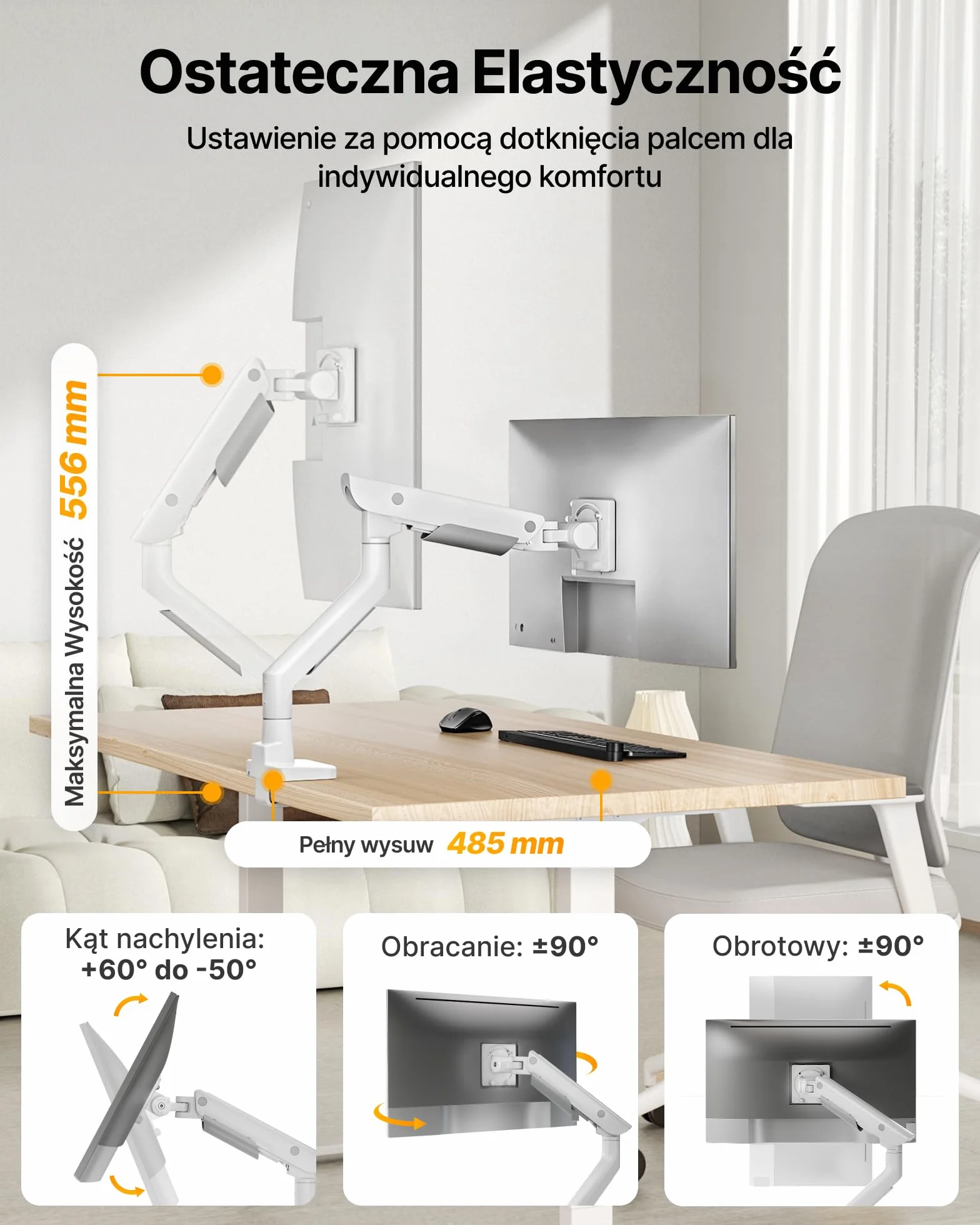 monTEK Wytrzymałe ramię do monitorów ultrapanoramicznych 17–57” do 27 kg | Aluminiowy uchwyt na jeden monitor z opcjami montażu na zacisk C lub przez otwór w blacie, VESA 75 mm/ 100 mm, Biały
