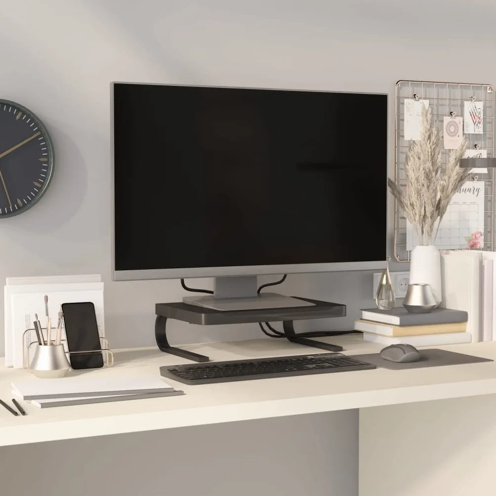 Podstawka pod monitor, czarna, 37 x 28 x 11,5 cm, nakładka na biurko z miejscem do przechowywania klawiatury i urządzeń – ergonomiczna regulacja wysokości w celu odciążenia pleców i karku