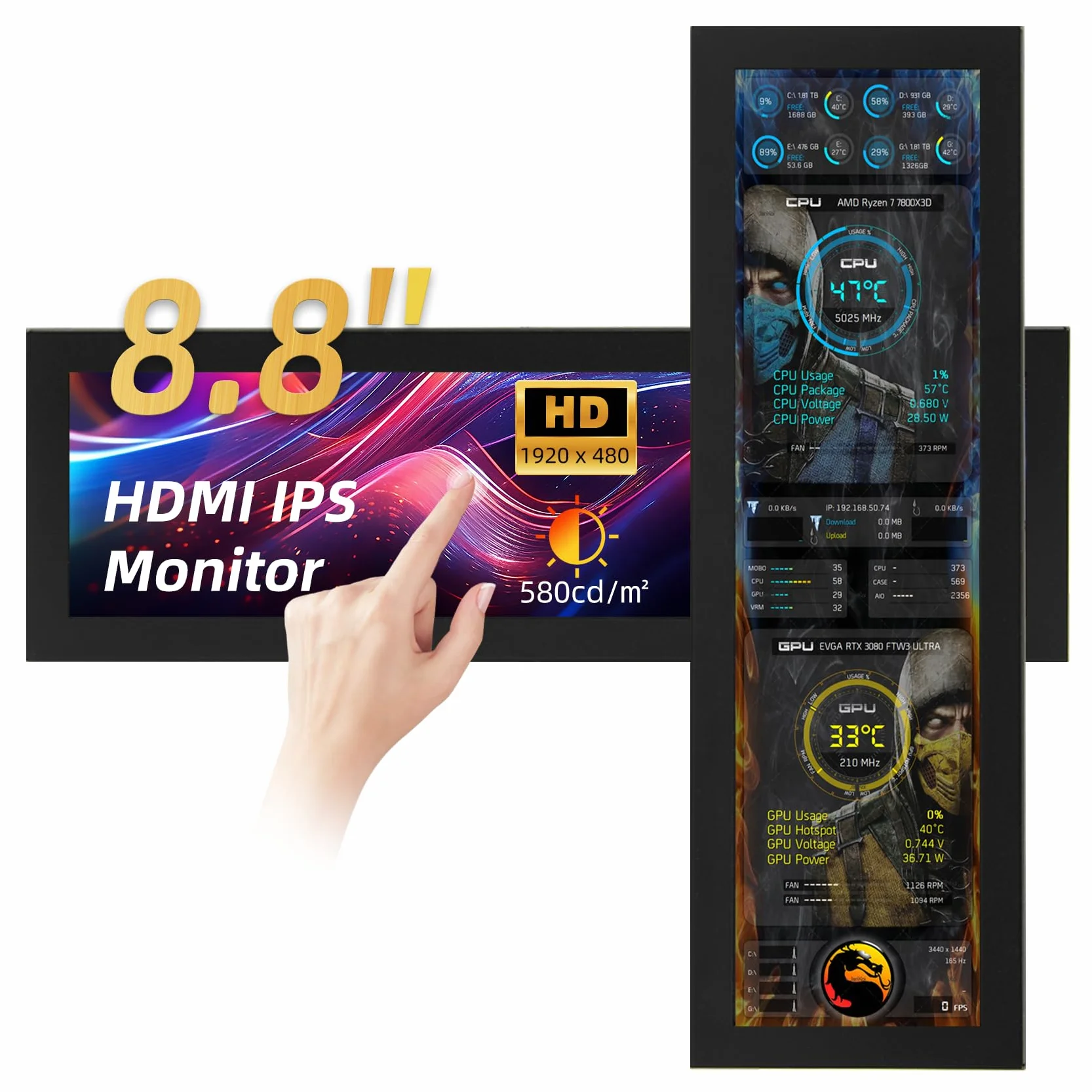 iPitstBit Monitor Dotykowy 8,8 Cali, 1920x480 Wyświetlacz Temperatury PC, Wyświetlacz Panelu Czujników PC, IPS USB Mini Ekran dla Raspberry Pi, Monitor Danych CPU RAM AIDA64 ARGB Obudowa PC