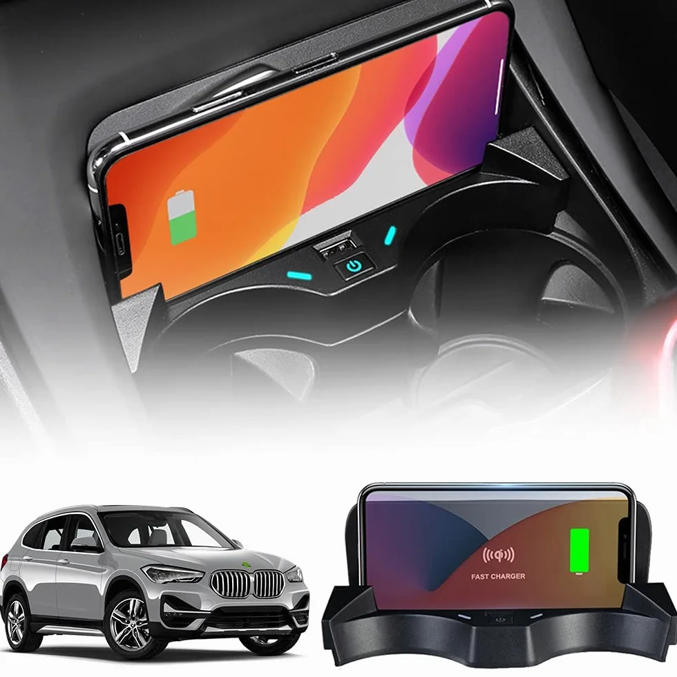 Bezprzewodowa ładowarka samochodowa kompatybilna z BMW X1/X2 2016 2017 2018 2019 2020 2021 panel akcesoriów, szybkie ładowanie Qi ładowarka do telefonu z QC3.0 USB