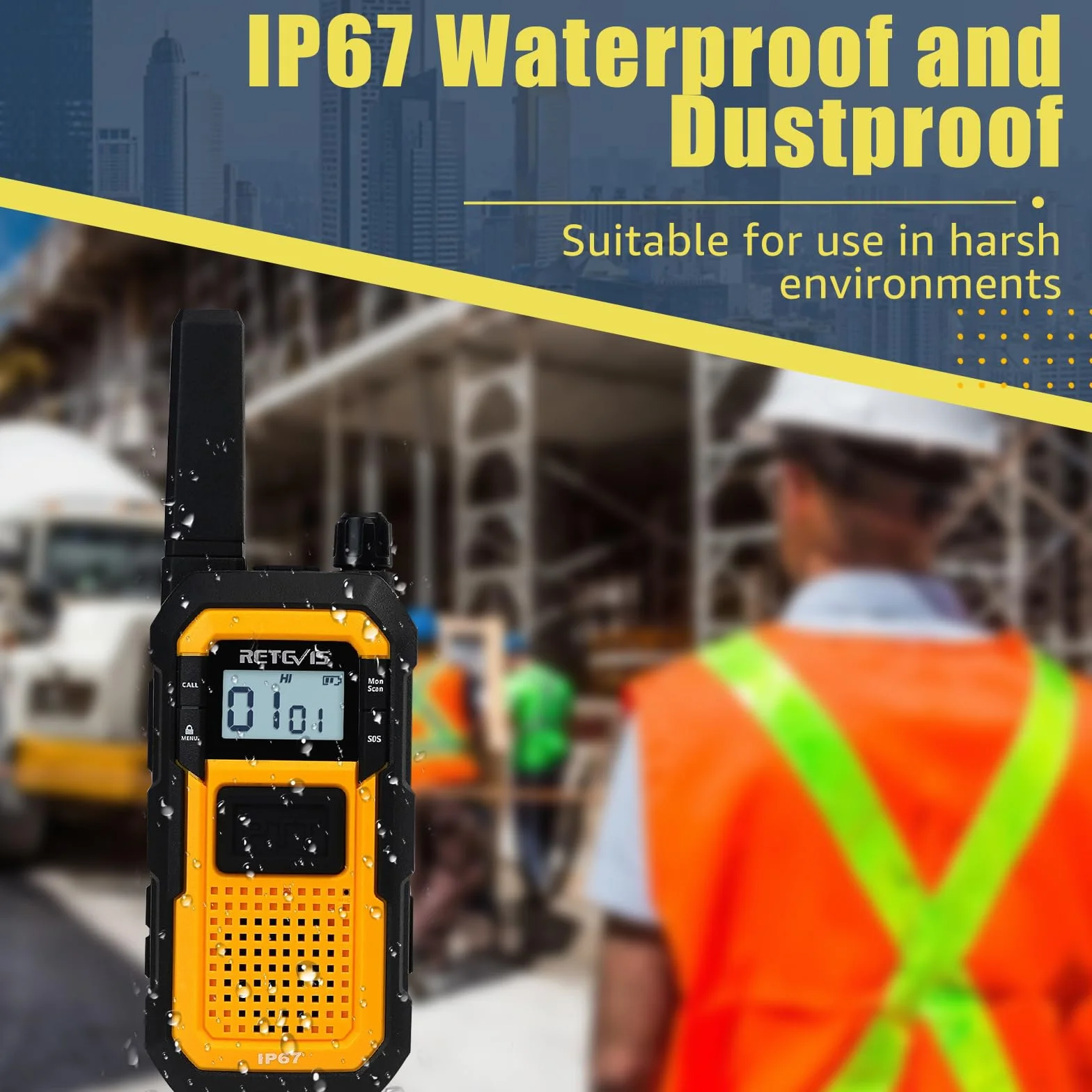 Retevis RB648 Walkie Talkies Wodoodporne, Wytrzymałe Walkie Talkies Przemysłowe, IP67 VOX, SOS 2000mAh Akumulatorowe Krótkofalówka ze Słuchawką na Plac Budowy, Bezpieczeństwo (2 Szt., Żółty)