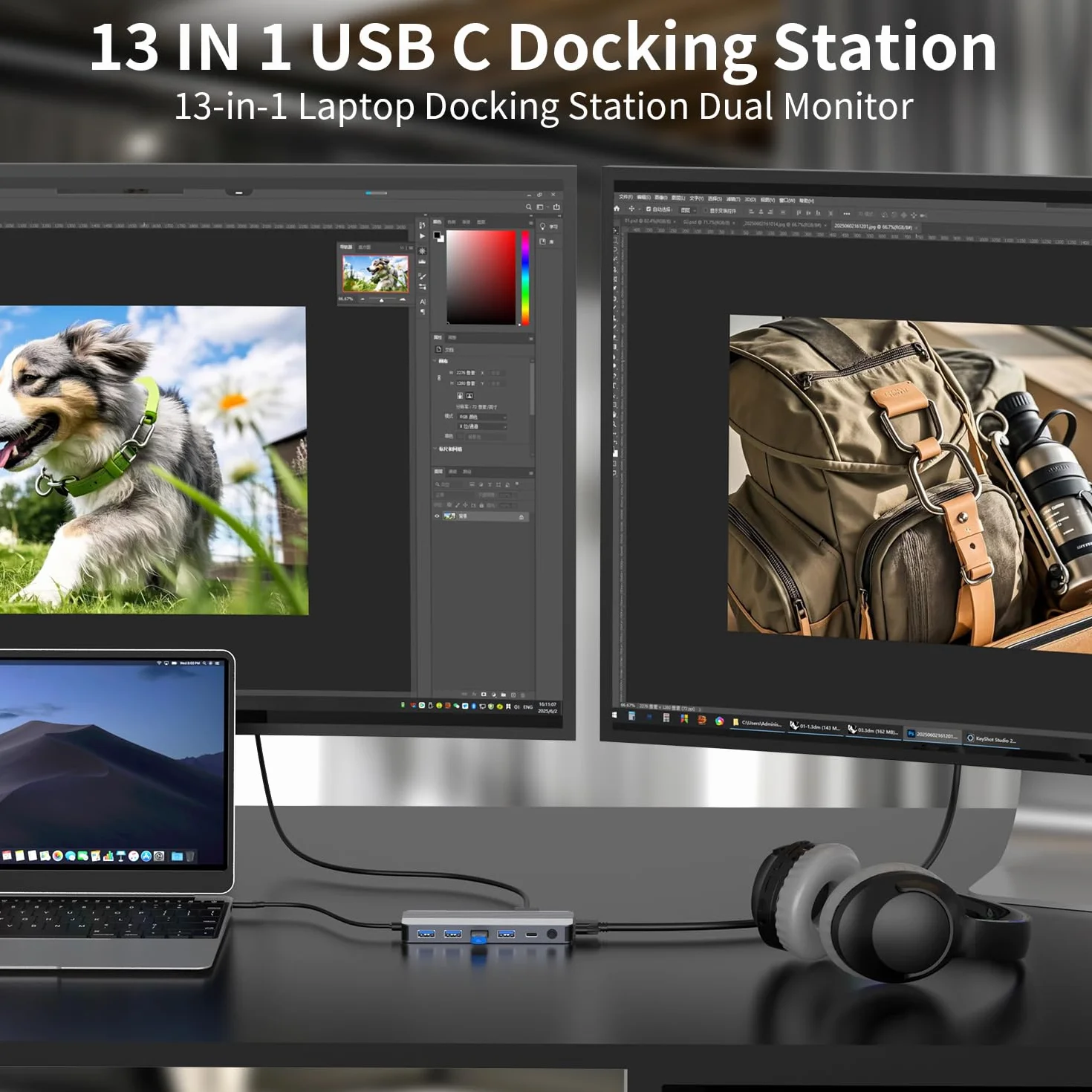 Podwójny monitor stacji dokującej, 13 w 1 USB C z podwójnym HDMI 4K, VGA, Gigabit Ethernet, 100 W PD, 5 USB 3.0/2.0, czytnik kart SD/TF, pomocniczy klucz sprzętowy USB C do MacBooka, Dell