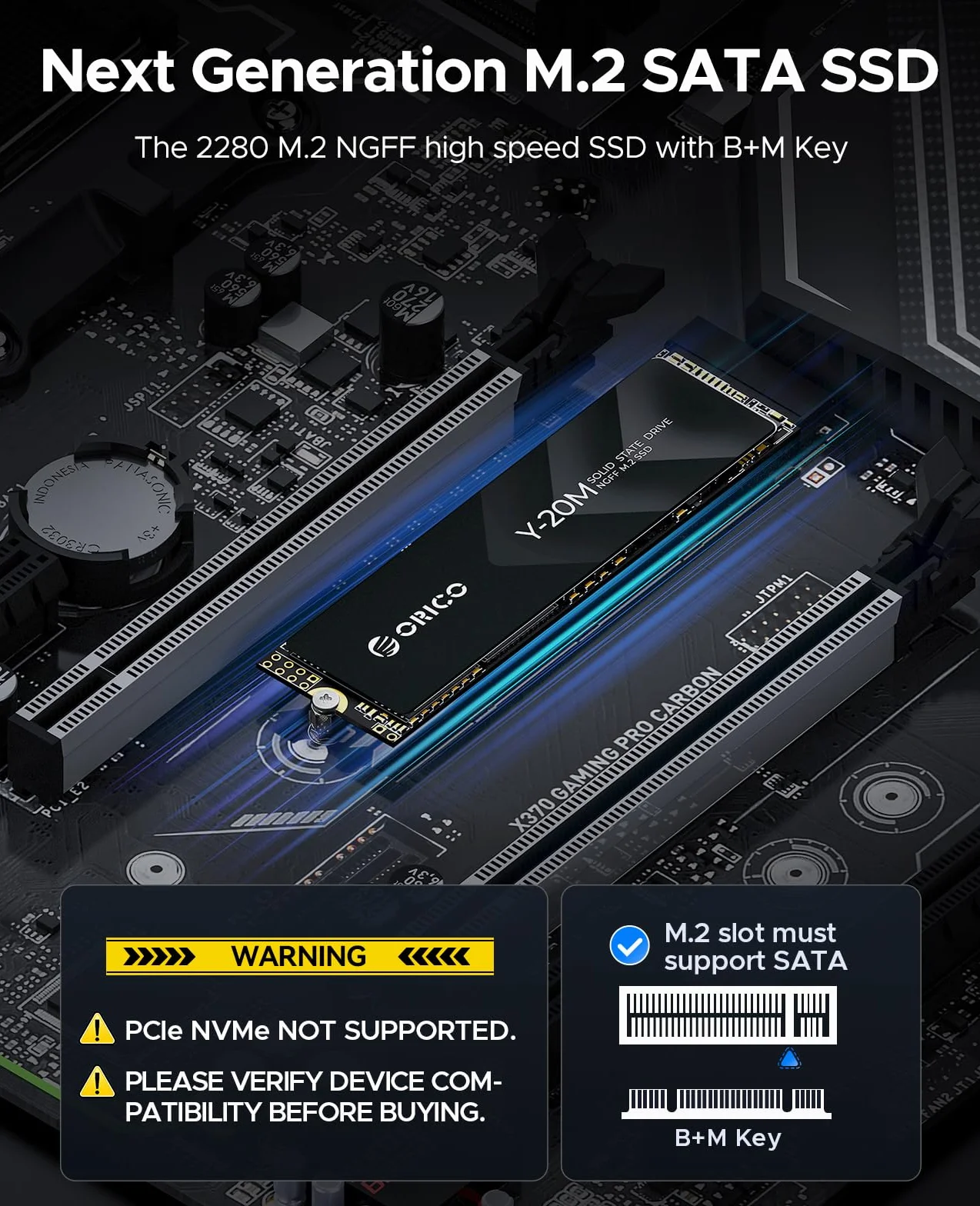 ORICO 512 GB M.2 2280 SATA SSD, SATA III 6 GB/s M2 SSD z kluczem B+M, wewnętrzny dysk półprzewodnikowy 500 MB/s do komputerów stacjonarnych/laptopów - Y20M