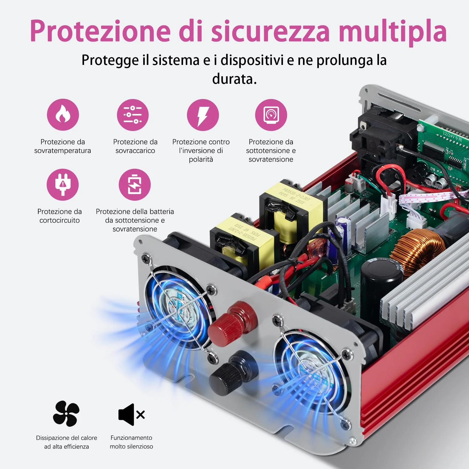 falownik 1000 W, czysty sinus 12 V na 230 V, przetwornica napięcia z 2 portami USB, 2 gniazdami USB, 2 gniazdami LCD, do samochodu, kampera, na kemping (czerwony)