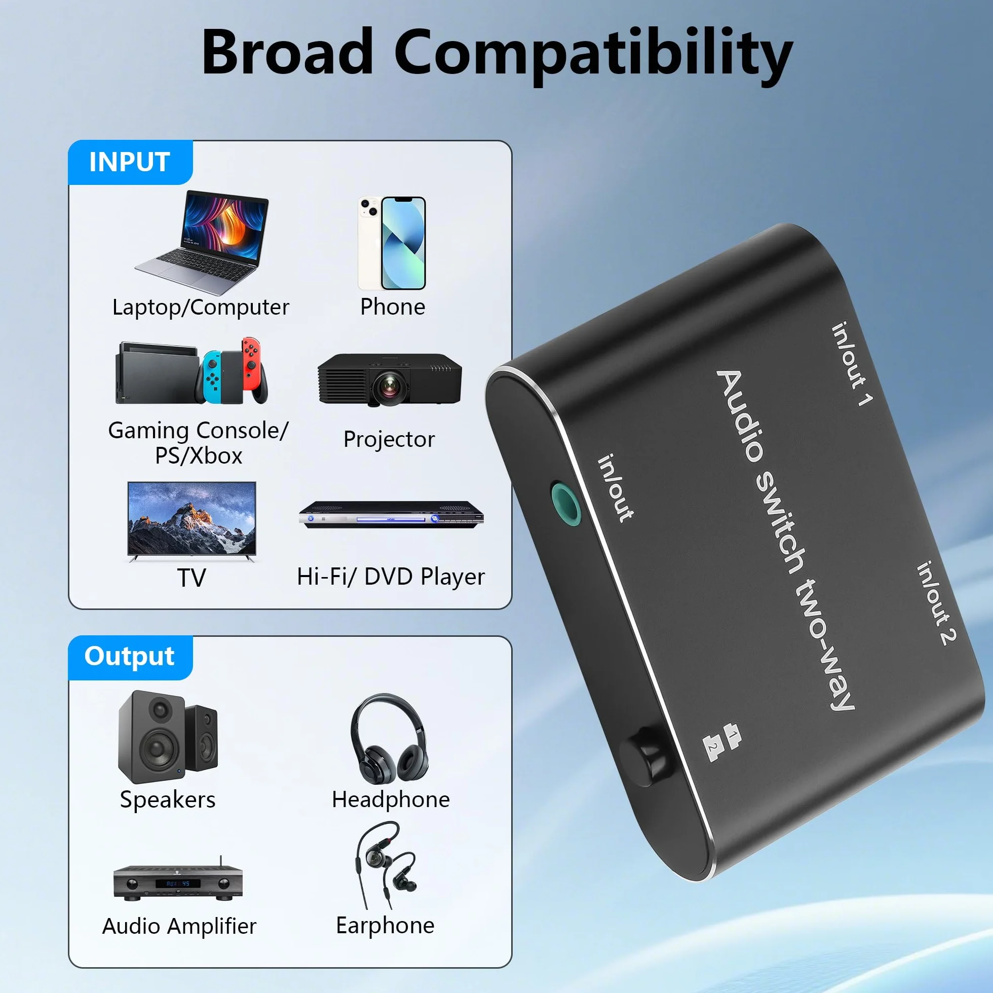 GINTOOYUN Przełącznik audio 3,5 mm, 1 wejście 2 wyjścia lub 2 wejścia 1 wyjście, 3,5 mm, audio stereo, do komputerów stacjonarnych, laptopów, telefonów komórkowych, słuchawek itp