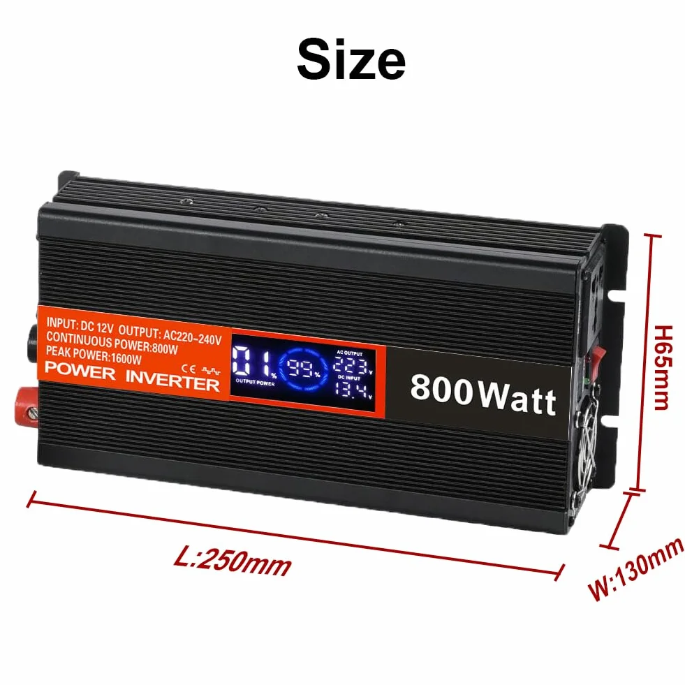 SolaMr 800W przetwornica napięcia DC 12V na AC 220V/240V z wyświetlaczem LCD i portami ładowania USB do systemów montowanych w pojazdach i na kempingach - 800W
