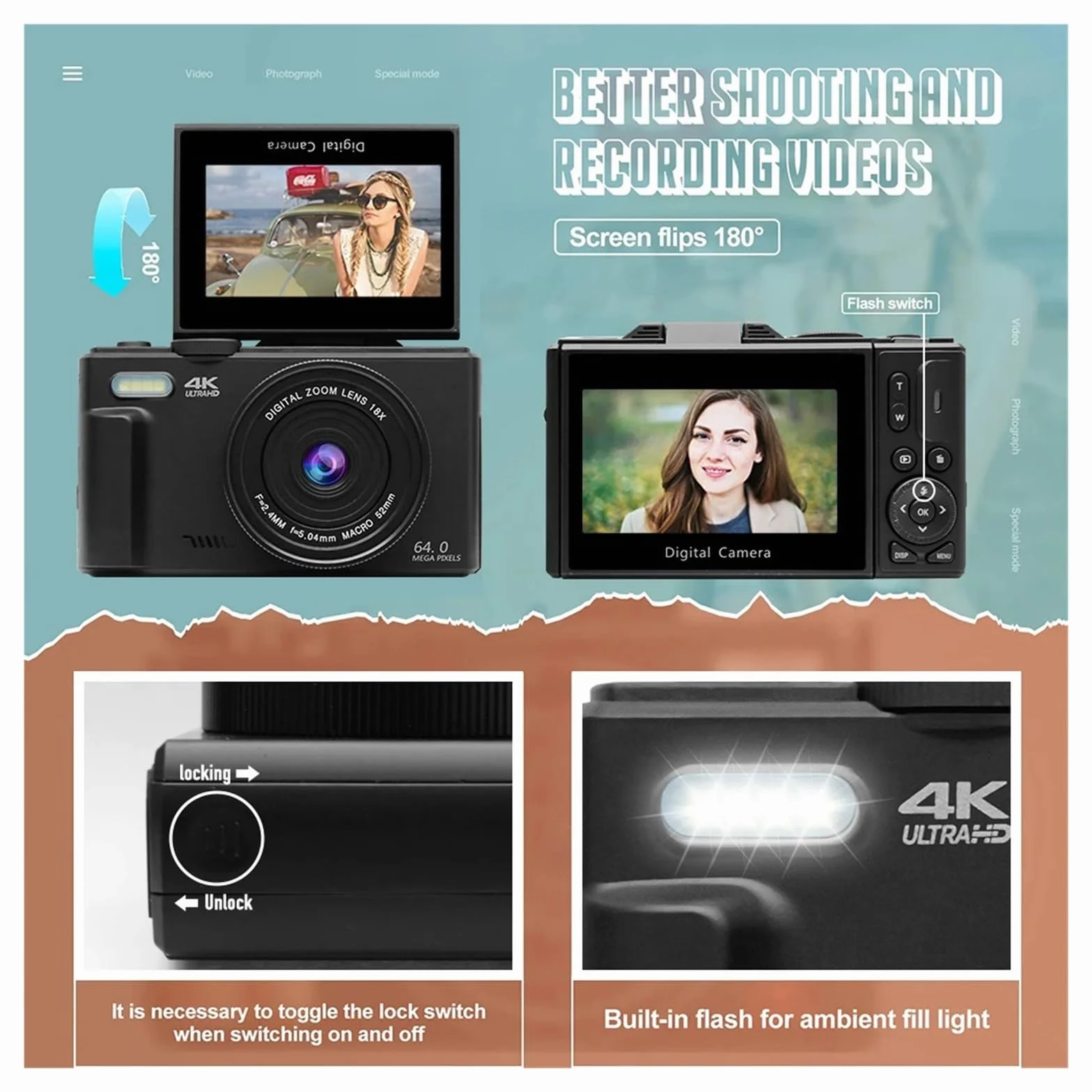 Aparat Cyfrowy 4K Do Fotografii I Z 18-krotnym Zoomem Cyfrowym Kompaktowa Kamera Vlogowania Odwracany Ekran O 180° Lampą Błyskową Z łatwością Uchwyć Wspaniałe Chwile(Black 128GB Card)