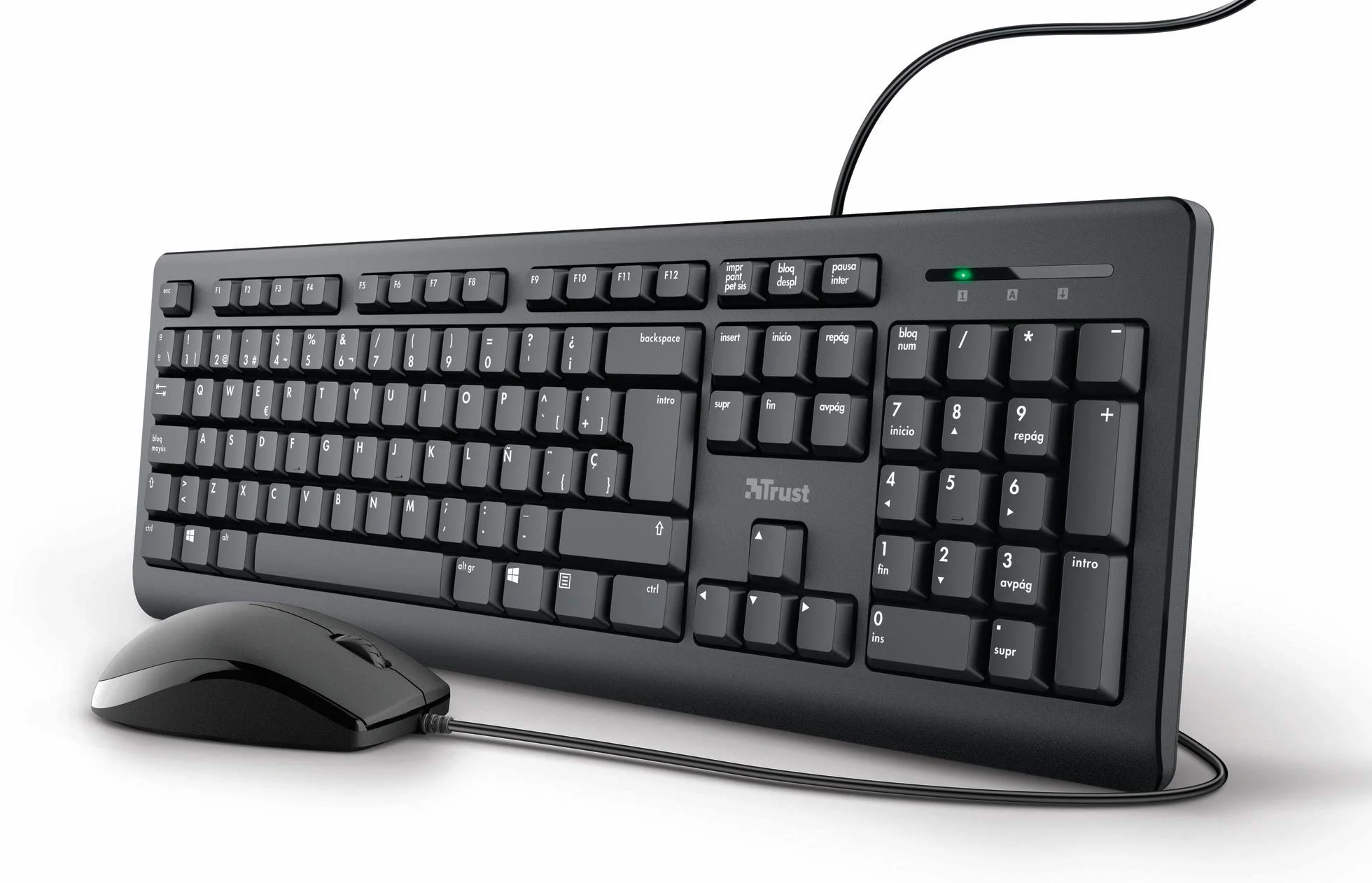 Trust Klawiatura i mysz z kablem – hiszpański układ QWERTY, kabel o długości 1,8 m, port USB, szczelna klawiatura, Windows, Mac, PC, laptop, czarna
