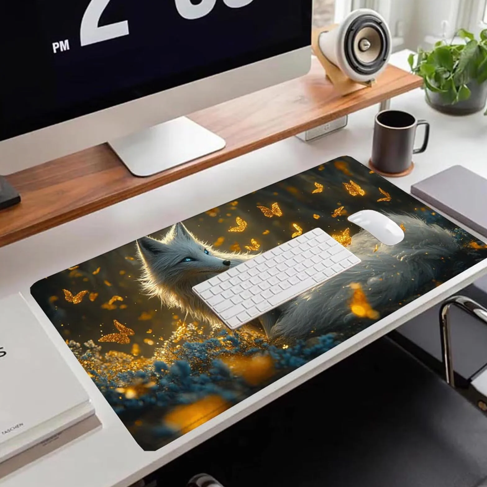 Gamingowa podkładka pod mysz 1200 x 600 x 3 mm, XXL, wodoszczelna, odporna na ścieranie, z przyszytymi krawędziami, podkładka na biurko, poprawia prędkość i precyzję pod laptopa, komputer, wzór lisa