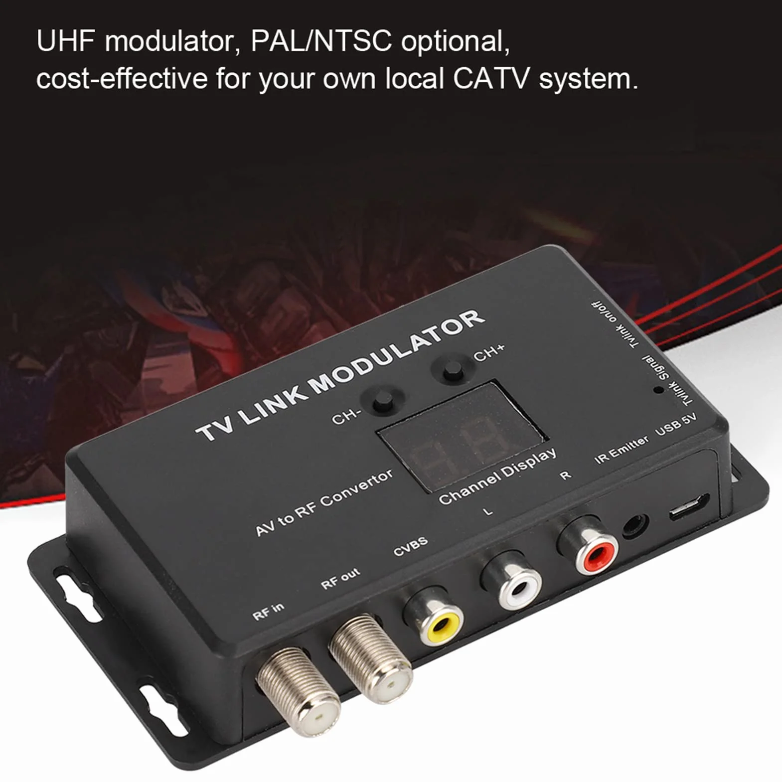 Modulator UHF TM70 Konwerter AV na RF Przedłużacz IR Wyświetlacz Kanałów Czarny 1W USB 5V