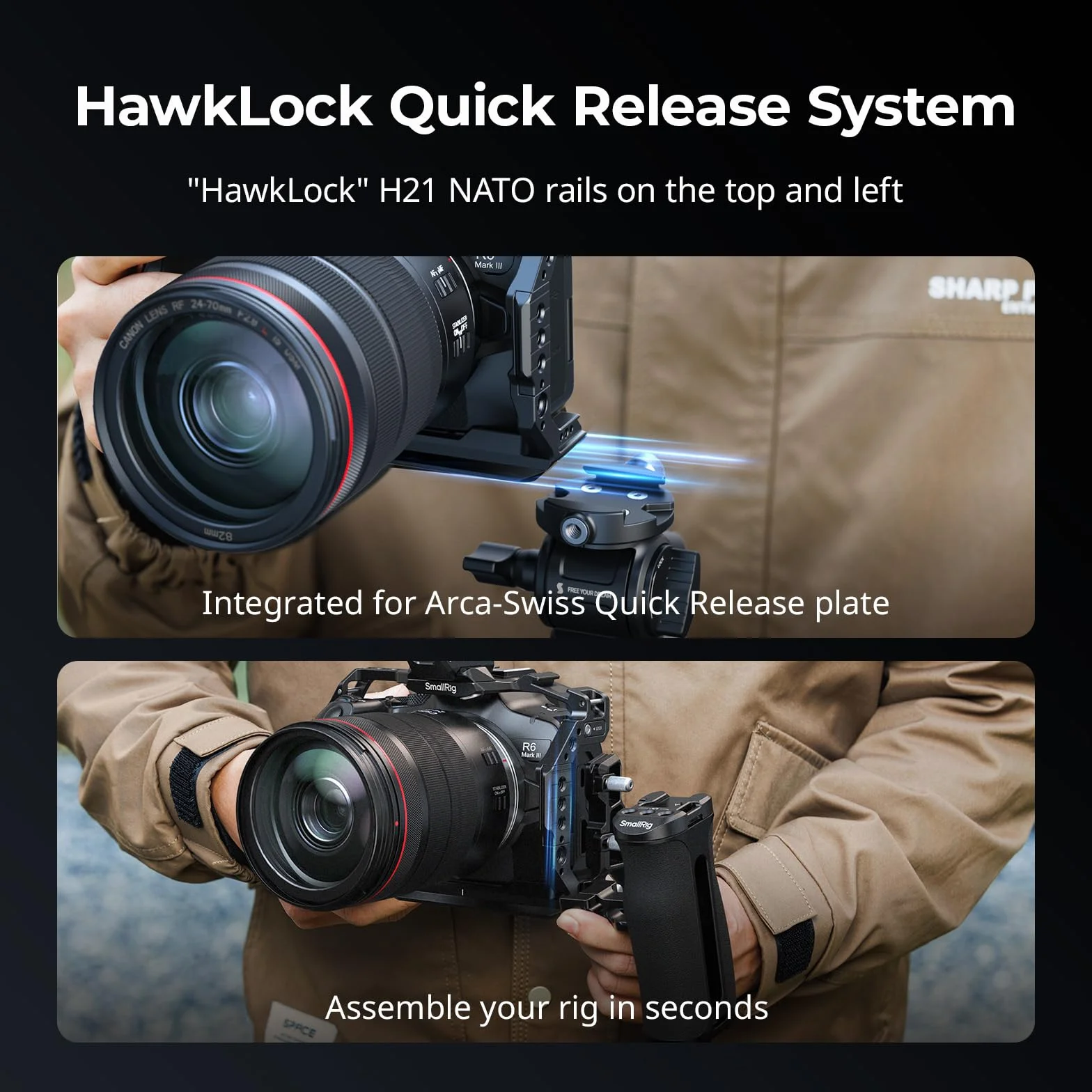 SMALLRIG R6 Mark III zestaw klatki na aparat Canon R6 Mark II z górnym uchwytem, bocznym uchwytem i zaciskiem kablowym, podwójne szyny NATO HawkLock, szybka płytka do Arca, obsługa fotografowania z
