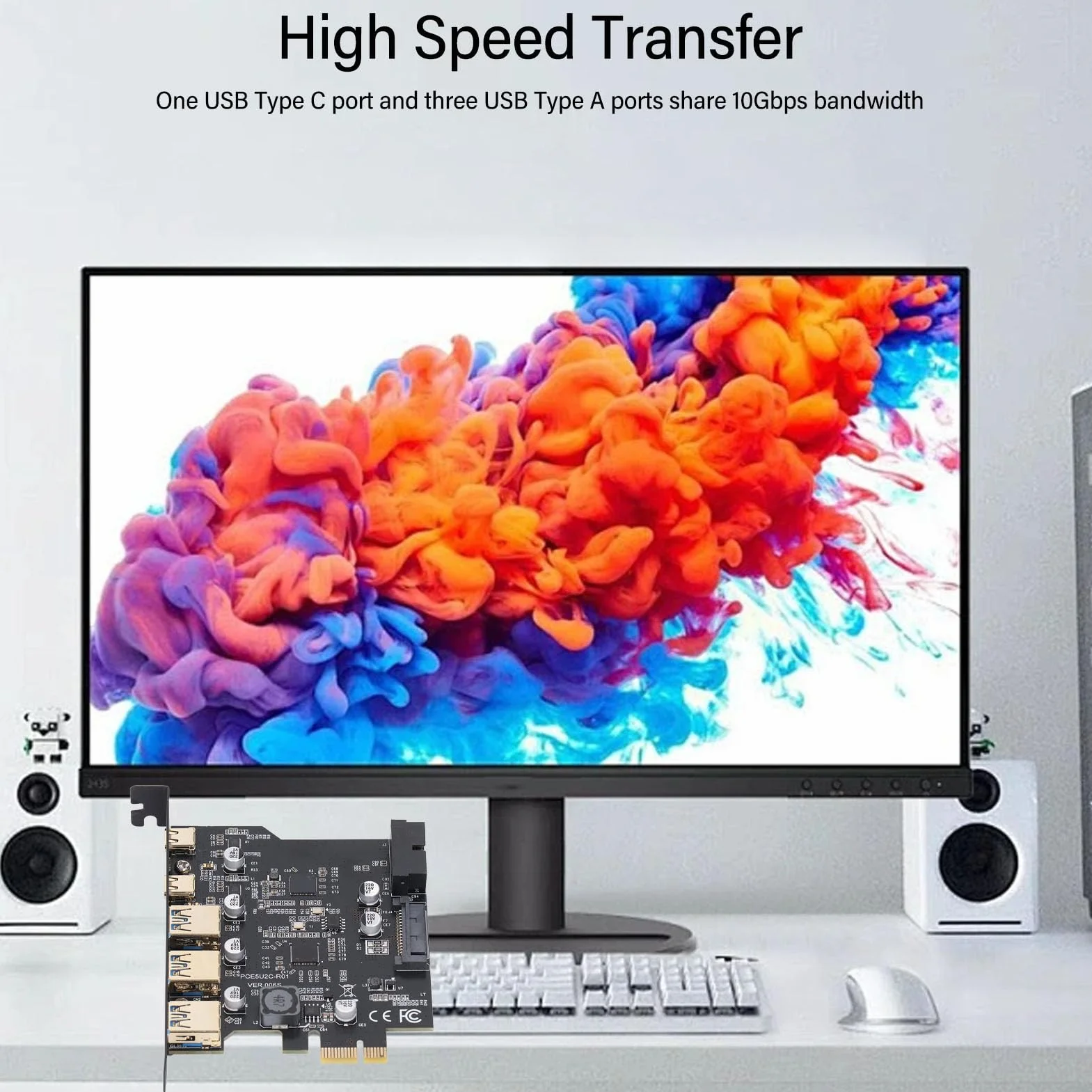 Tnfeeon Karta rozszerzeń PCIe USB 3.2 Gen 2 5-portowy Szybki Transfer Danych 20 Gb/s do Komputerów Stacjonarnych Użytkownicy Laptopów Podłącz Wiele urządzeń Jednocześnie za pomocą Portów