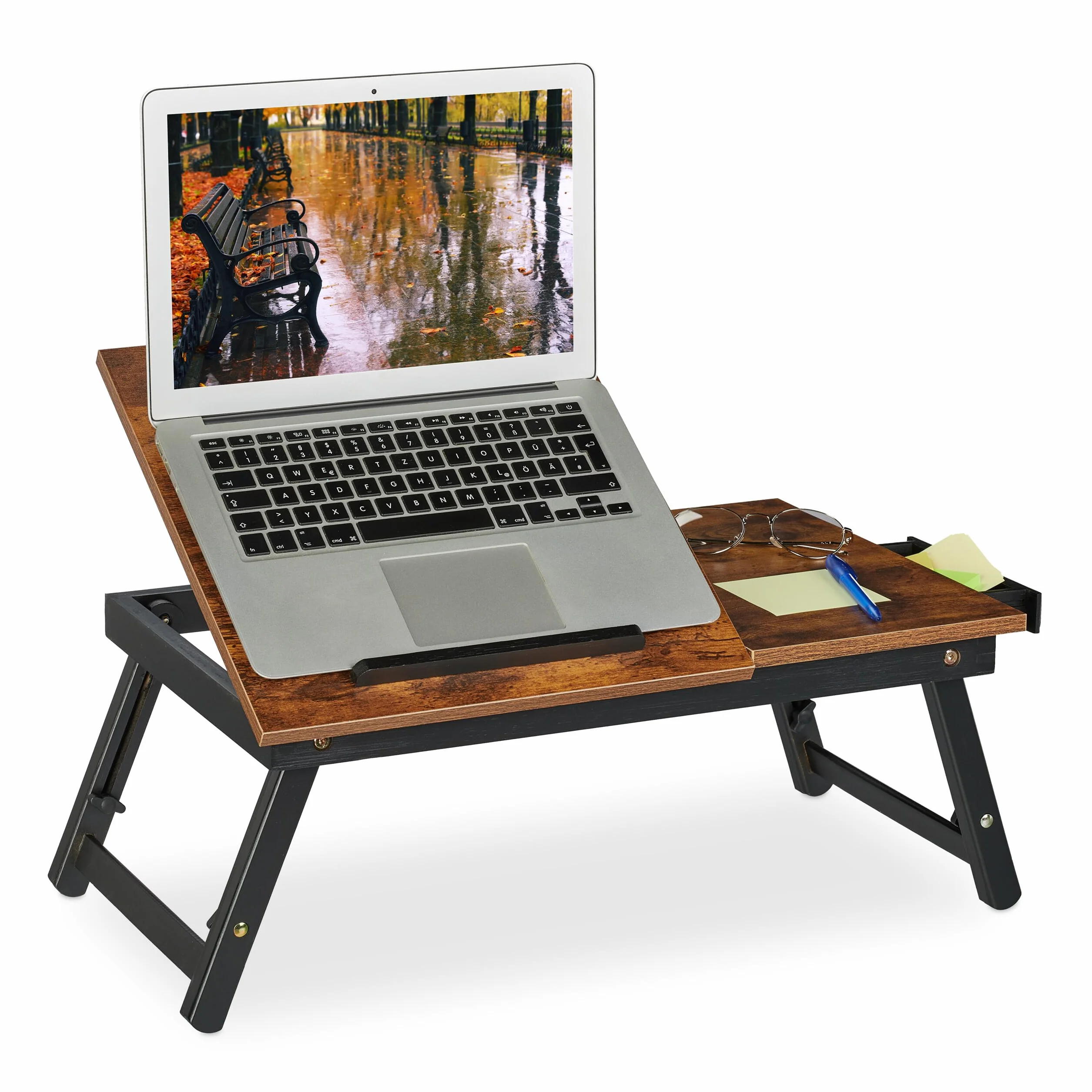 Relaxdays Stolik pod laptopa do łóżka i kanapy, składany stolik do łóżka, bambus, z regulacją wysokości, taca na łóżko, ciemnobrązowy/czarny, 1 sztuka
