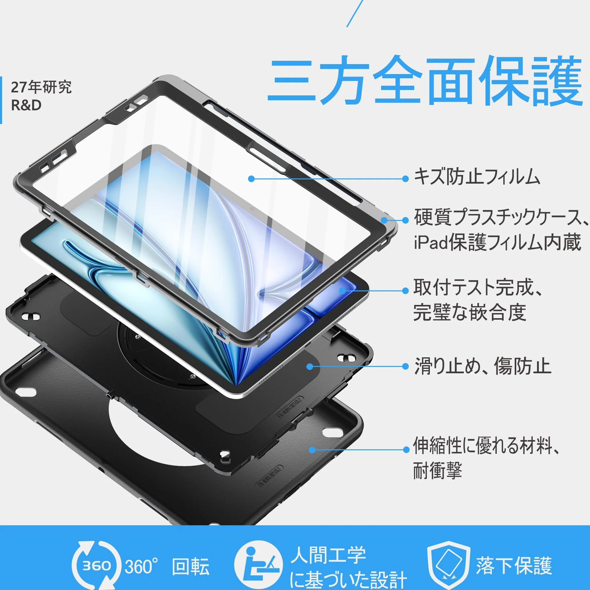 Miesherk Etui do iPada Air 27.9 cm M4/M3/M2 2026/2025/2024, wojskowe, wytrzymałe, odporne na wstrząsy iPad Air 5th/4th 10.9 2022/2020, uchwyt na rysik, obrotowy stojak, pasek na rękę/ramię, czarne