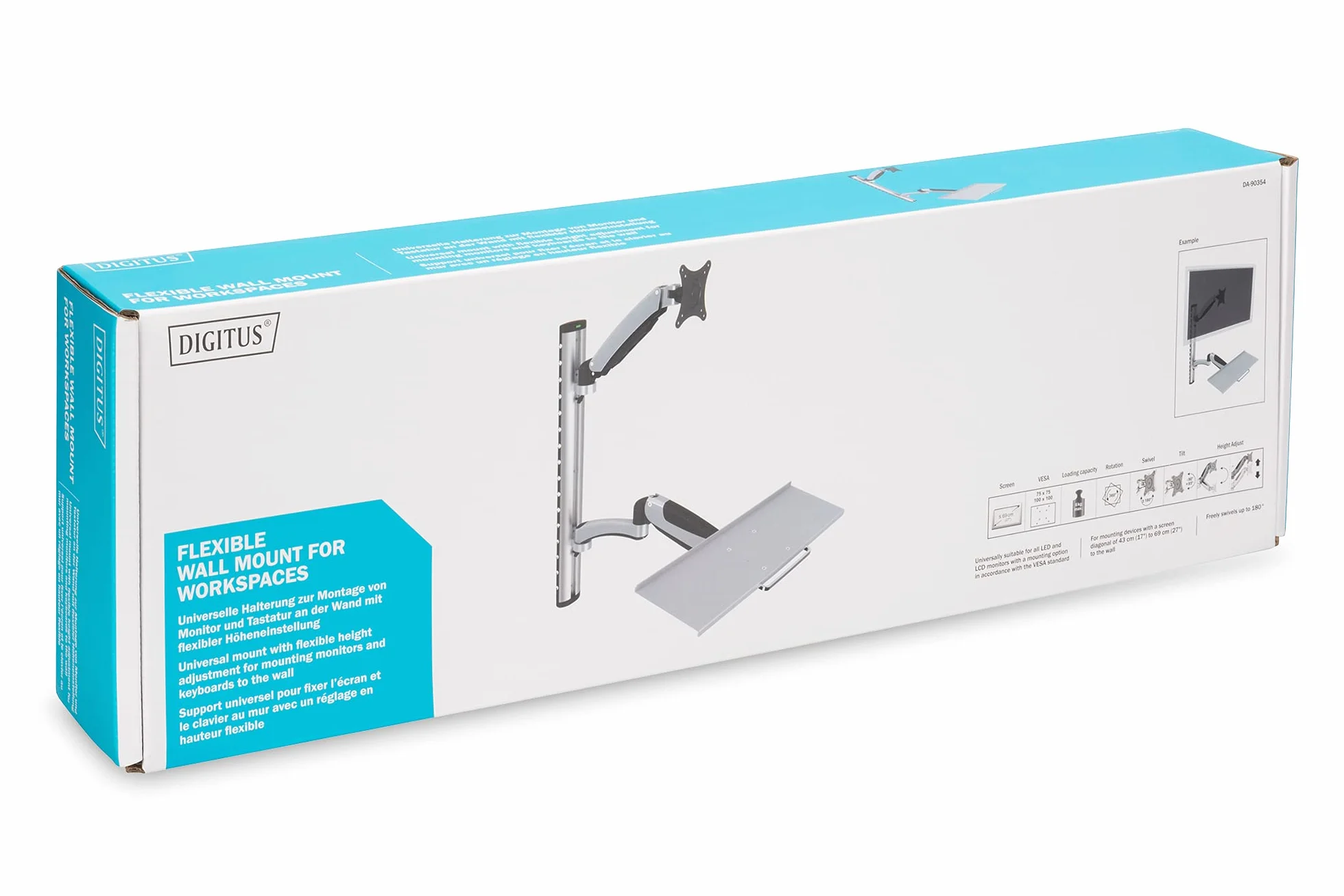 DIGITUS DA-90354 - Stacja robocza stojąca/siedząca - Uchwyt do monitora z półką na klawiaturę - Montaż ścienny - 2x sprężyna gazowa - 1 monitor - Do 27 cali - VESA 75x75, 100x100 - Srebrny