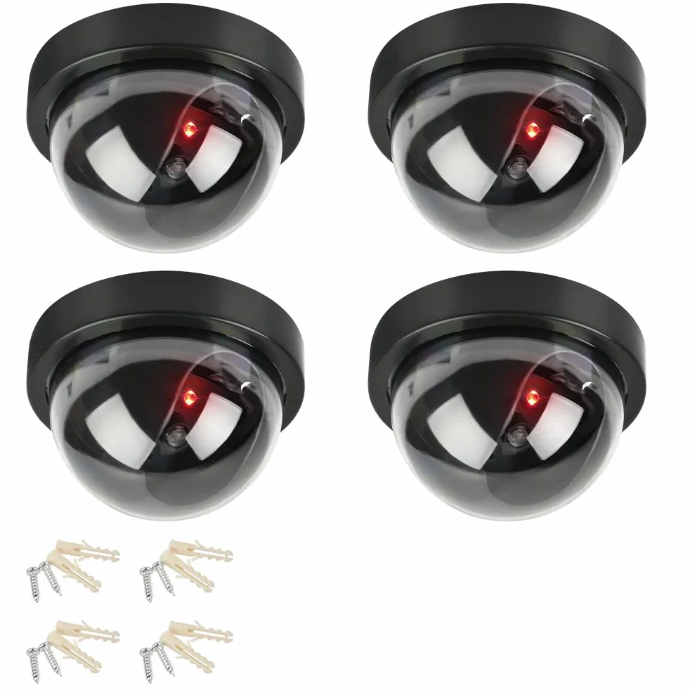 Atrapa kamery CCTV, manekin z fałszywymi monitorami CCTV, symulacja kamery CCTV, z migającym światłem LED, atrapa fałszywa kamera, do użytku na zewnątrz i wewnątrz, do domu i biznesu, 4 szt