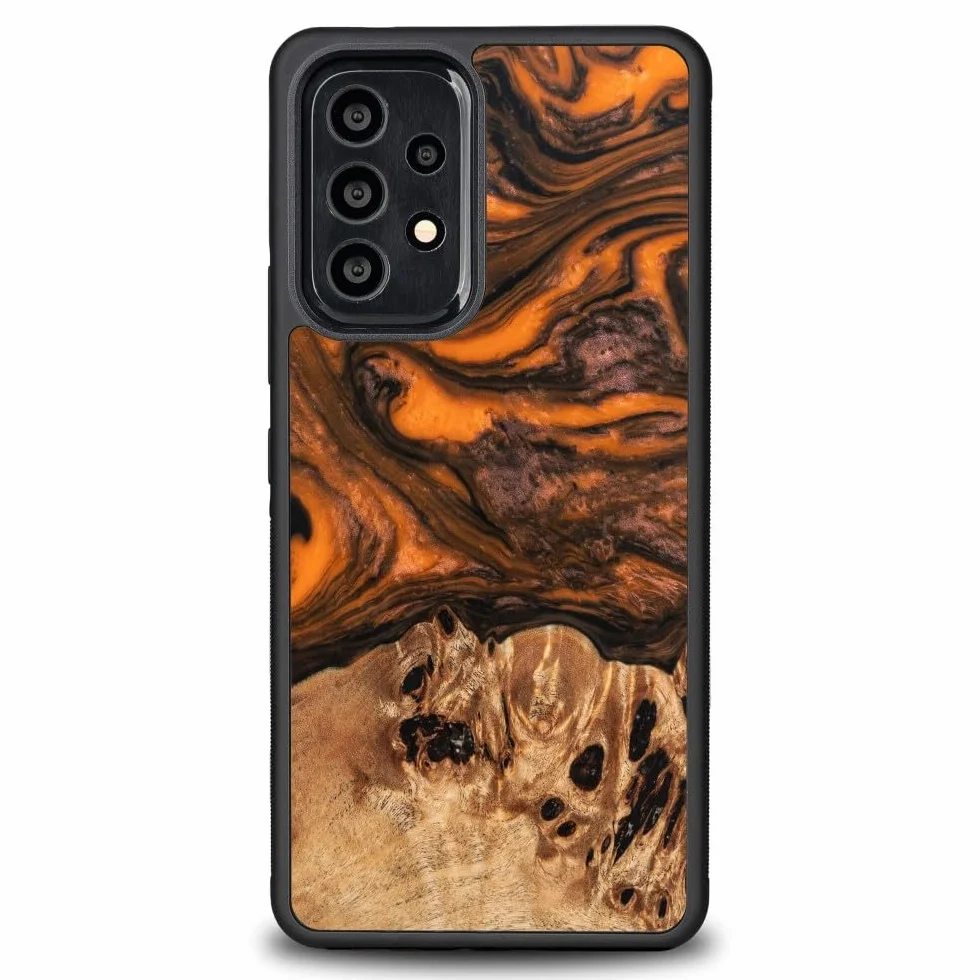 Unikalne etui kompatybilne z Samsung Galaxy A73 5G, ręcznie wykonane etui ochronne z naturalnego drewna i żywicy, pomarańczowe wzornictwo, odporne na uderzenia, kompatybilne z MagSafe