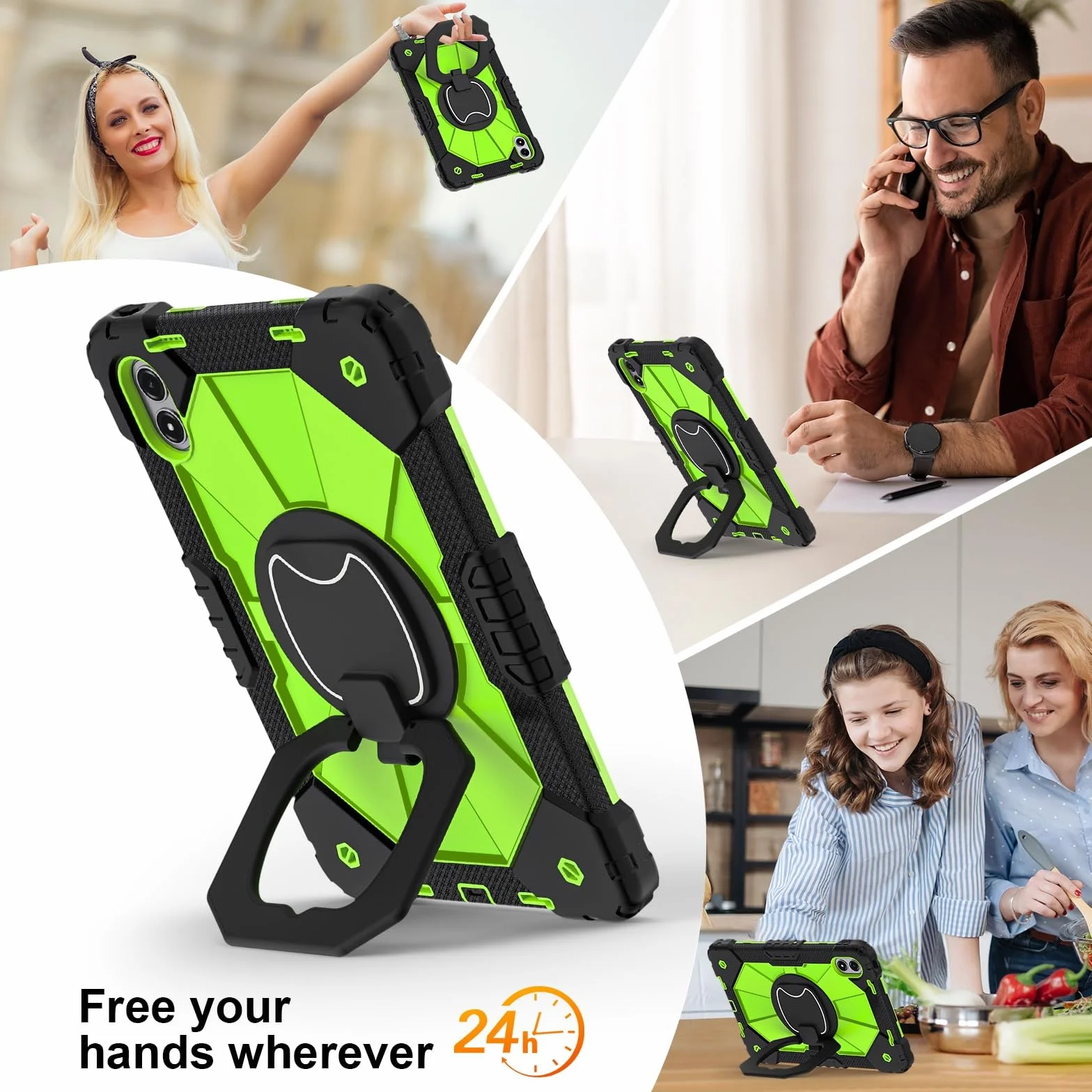 Etui do Xiaomi Redmi Pad 2 Pro 12,1 cala model 2025, wytrzymała, odporna na wstrząsy osłona, etui ochronne W 360 obrotowa podpórka + pasek na rękę + pasek na ramię (czarny + zielony 2)