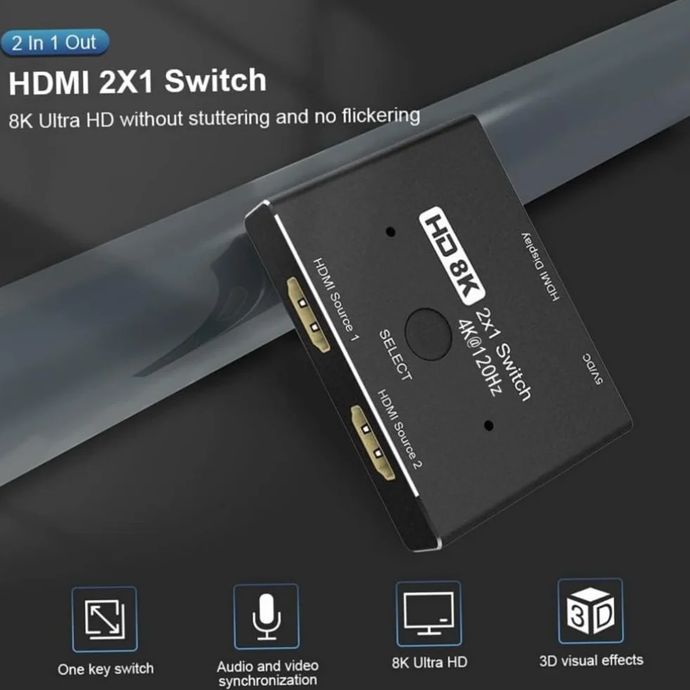 HDMI Ultra HD 8K HDMI 2.1 High Speed 48 Gb/s, przełącznik kierunkowy, tylko 2 cale, 1 wyjście 8K przy 60 Hz 4K przy 120 Hz, konwerter kompatybilny z projektorami Xbox PS5, monitorami