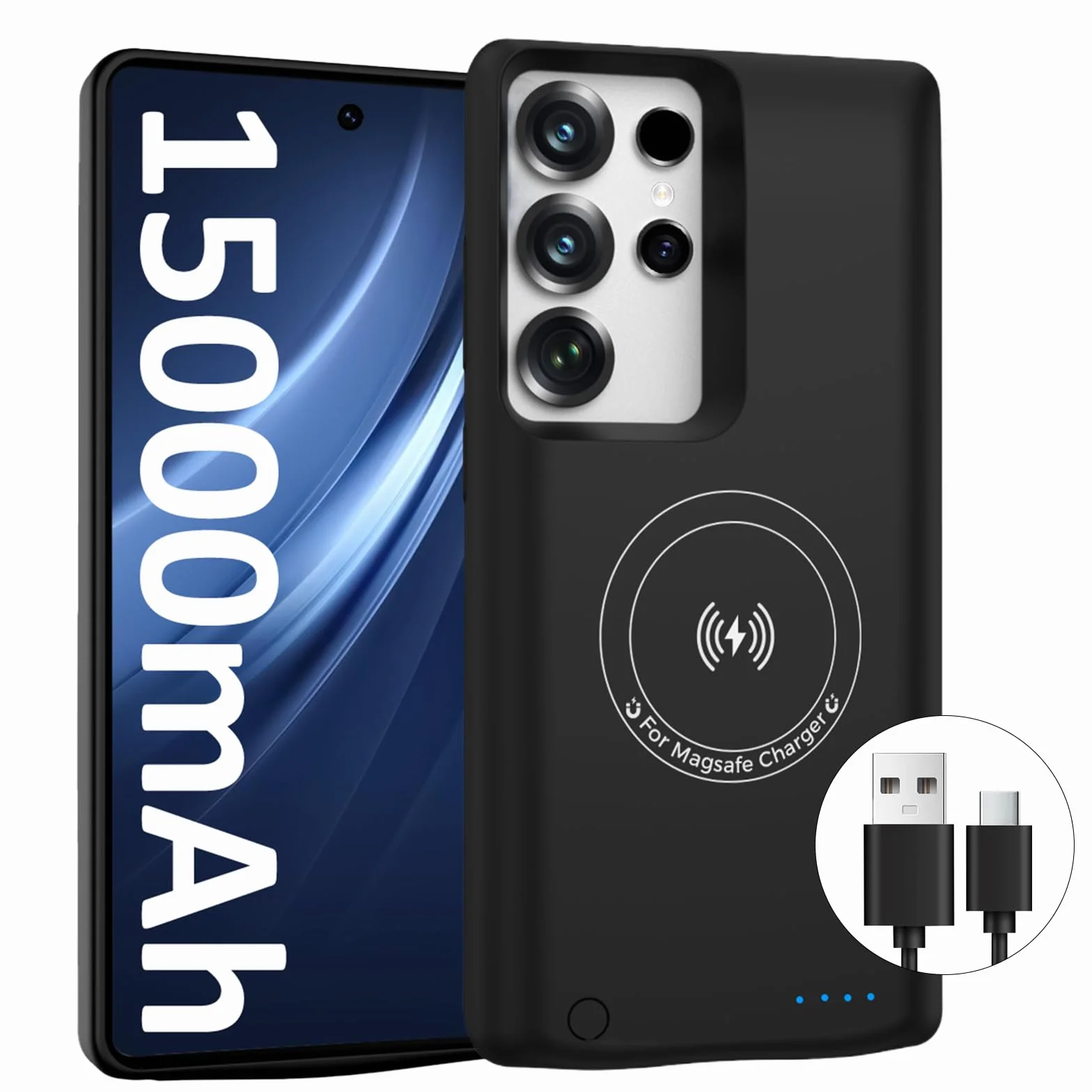 Etui na baterie do Samsung Galaxy S25 Ultra (15000 mAh), szybka ładowarka GaN, przenośna ładowarka Powerbank, bezprzewodowa ładowarka zapasowa z kablem USB-C 20 W (17.5 cm), czarne