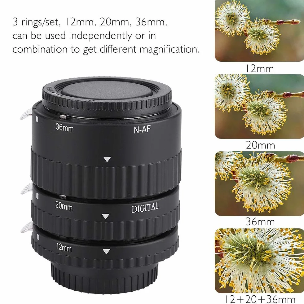 Pierścień adaptera obiektywu, 12 mm + 20 mm + 36 mm automatyczna rura przedłużająca obiektyw makro do lustrzanek cyfrowych z mocowaniem F(N-AF-B)