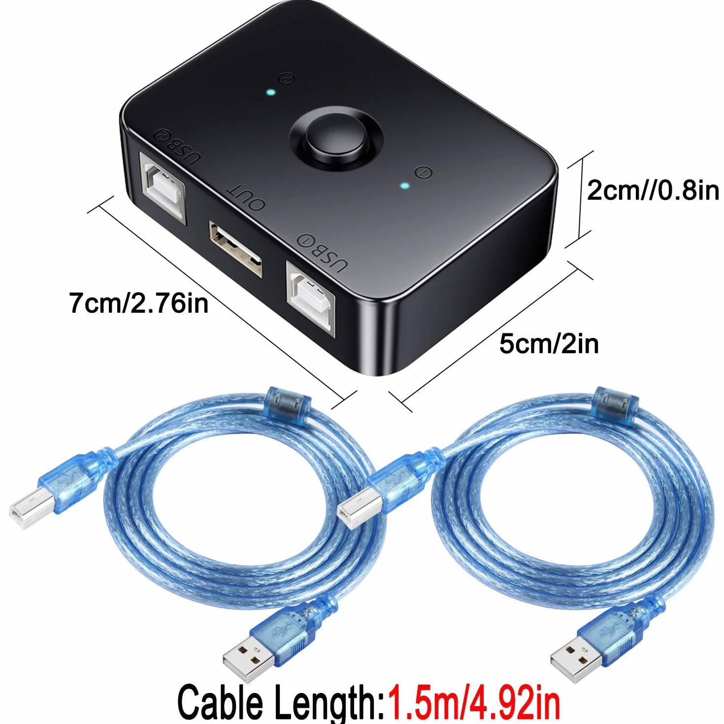QIANRENON USB2.0 Printer Sharing Switch 2 porty USB B przełącznik drukowania, adapter 2 części komputerowe, 1 drukarka, przełącznik ręczny, ze światłem LED, w zestawie 2 x kabel USB 2.0 do drukarki