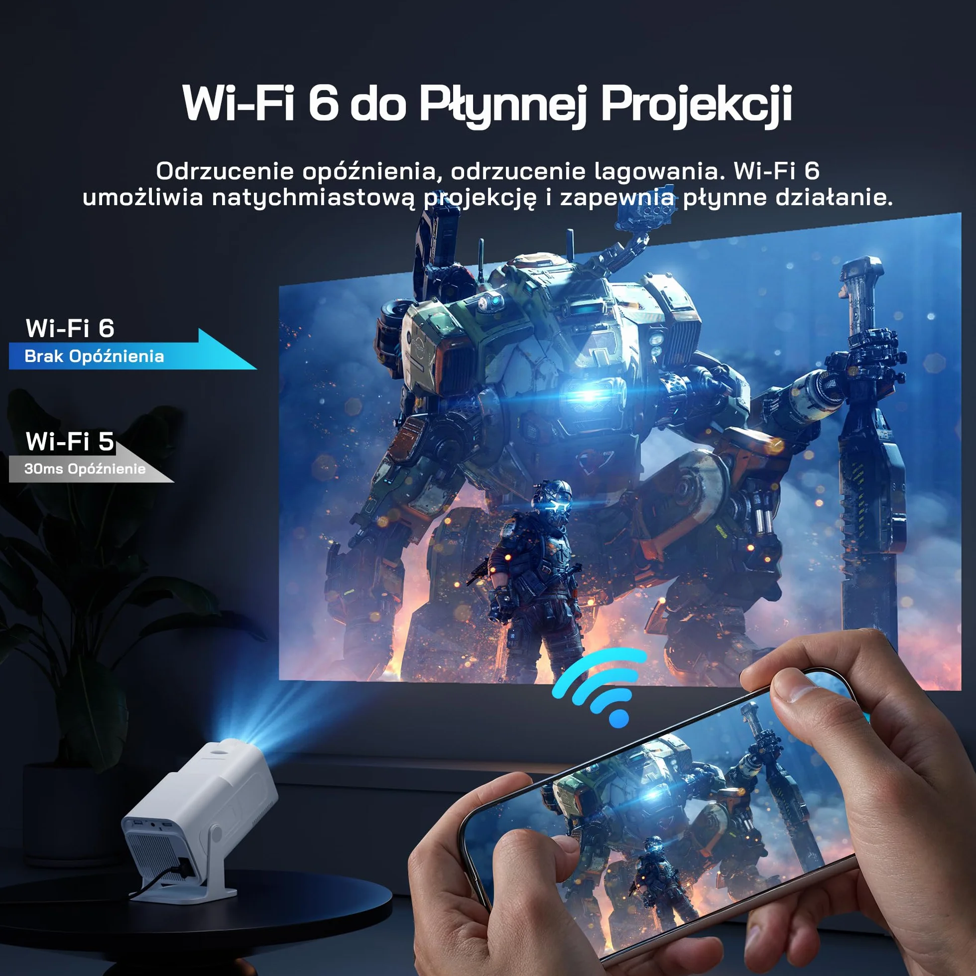 WOLFANG WP03 Mini Projektor 1080P z Aplikacją na Androida, Przenośny Projektor z WiFi i Bluetooth do Kina Domowego, Korekcja Trapezowa Czterech Narożników, Obrotowy o 180° Zewnętrzny Projektor Filmowy