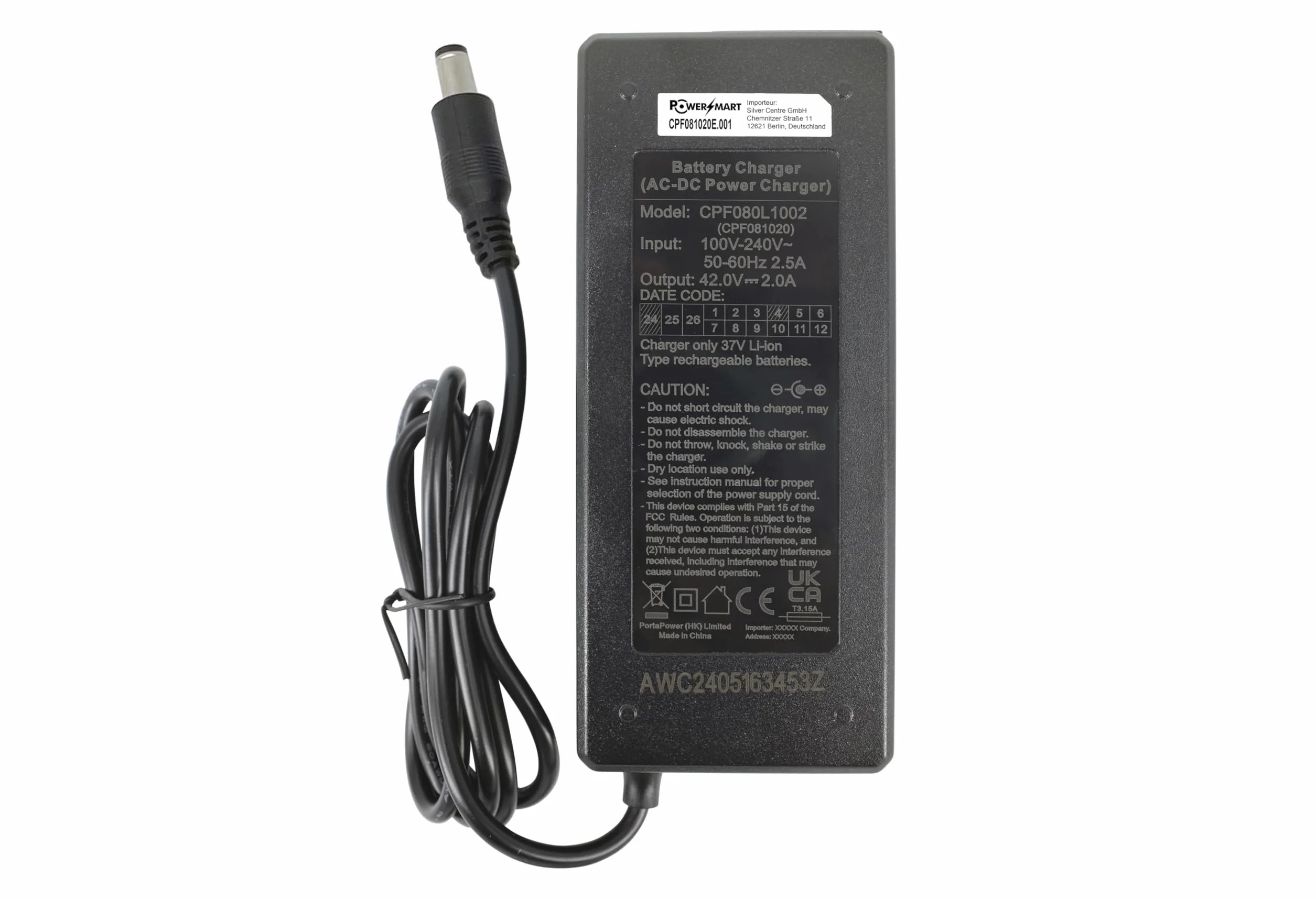 PowerSmart Ładowarka 42 V 2 A do MDA BC238360020 kompatybilna z akumulatorem 36 V, z wtyczką DC 2,1 mm (1 biegun)