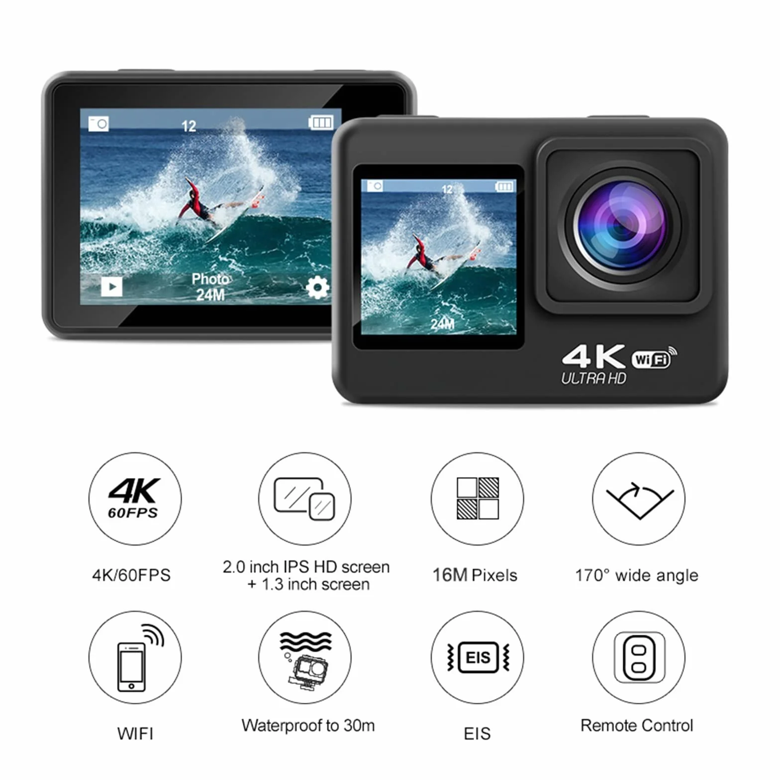 Kamera sportowa ze stabilizacją obrazu, Kamera akcji 60 klatek na sekundę 4K 16 MP 2,0-calowy wyświetlacz LCD EIS 4-krotny zoom Nagrywanie wideo 30 m Wodoodporny kask sportowy Go Pro Cam Wysoka liczba