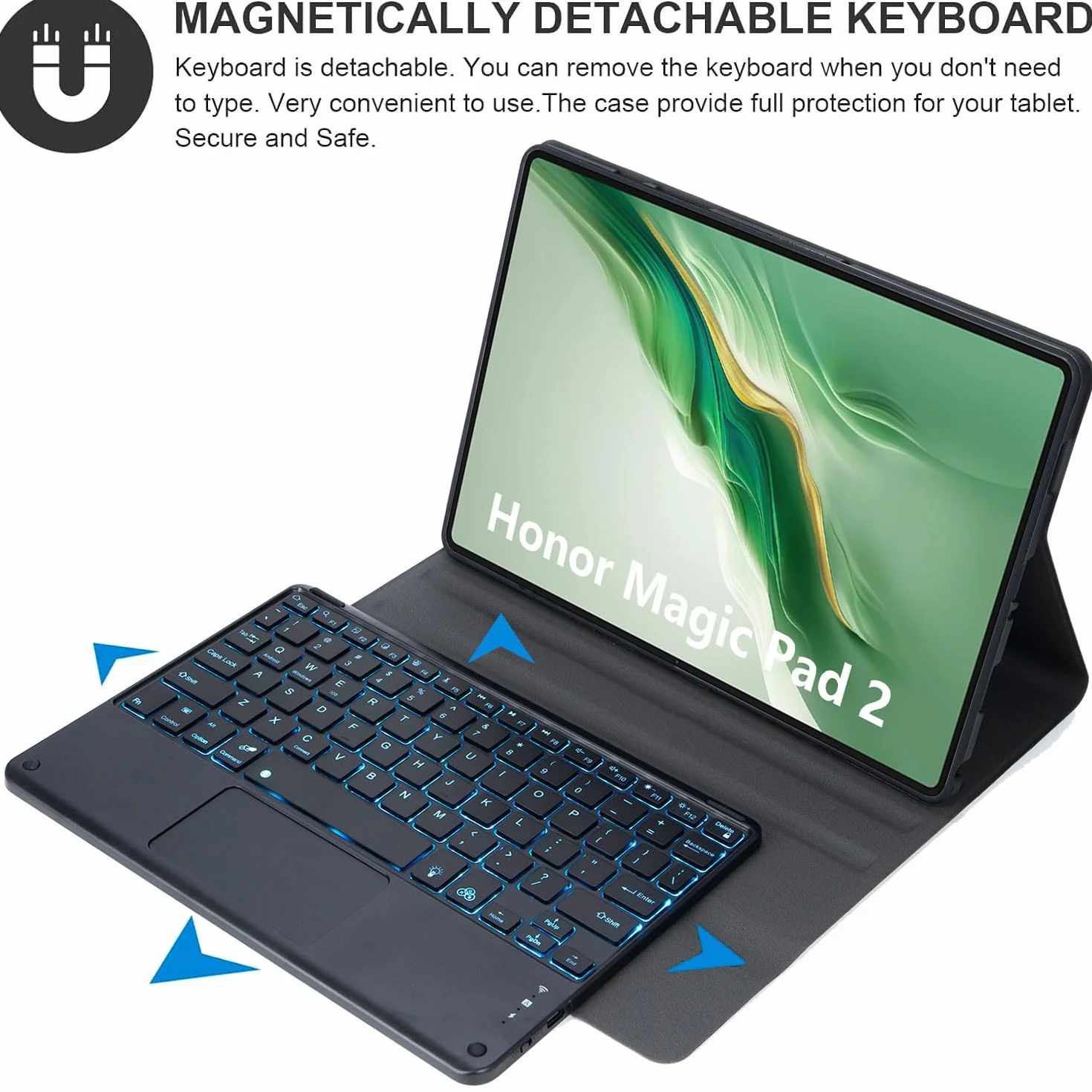 Keyboard Case for Honor Magic Pad 2 12,3 cala tabletu, 7-kolorowe podświetlenie, odłączana bezprzewodowa klawiatura z panelem dotykowym, ultracienkie i lekkie etui folio z myszką,Black