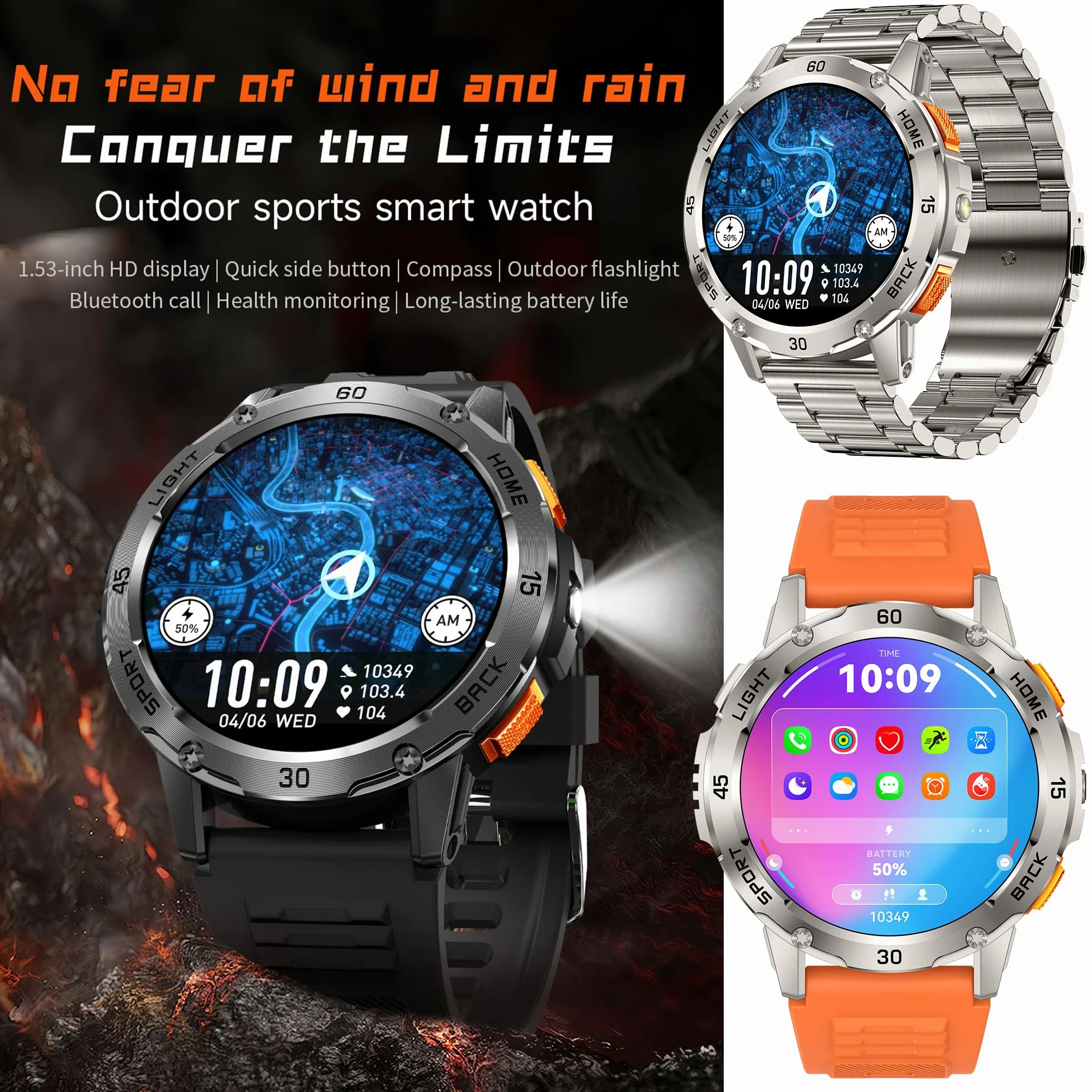Wojskowy inteligentny zegarek (odbieranie/nawiązywanie połączeń) dla mężczyzn, smartwatch 1,53" do Androida i iPhone'a, monitor fitness IP68 z latarką/kompasem/pomiarem tętna/snem/100+ trybami