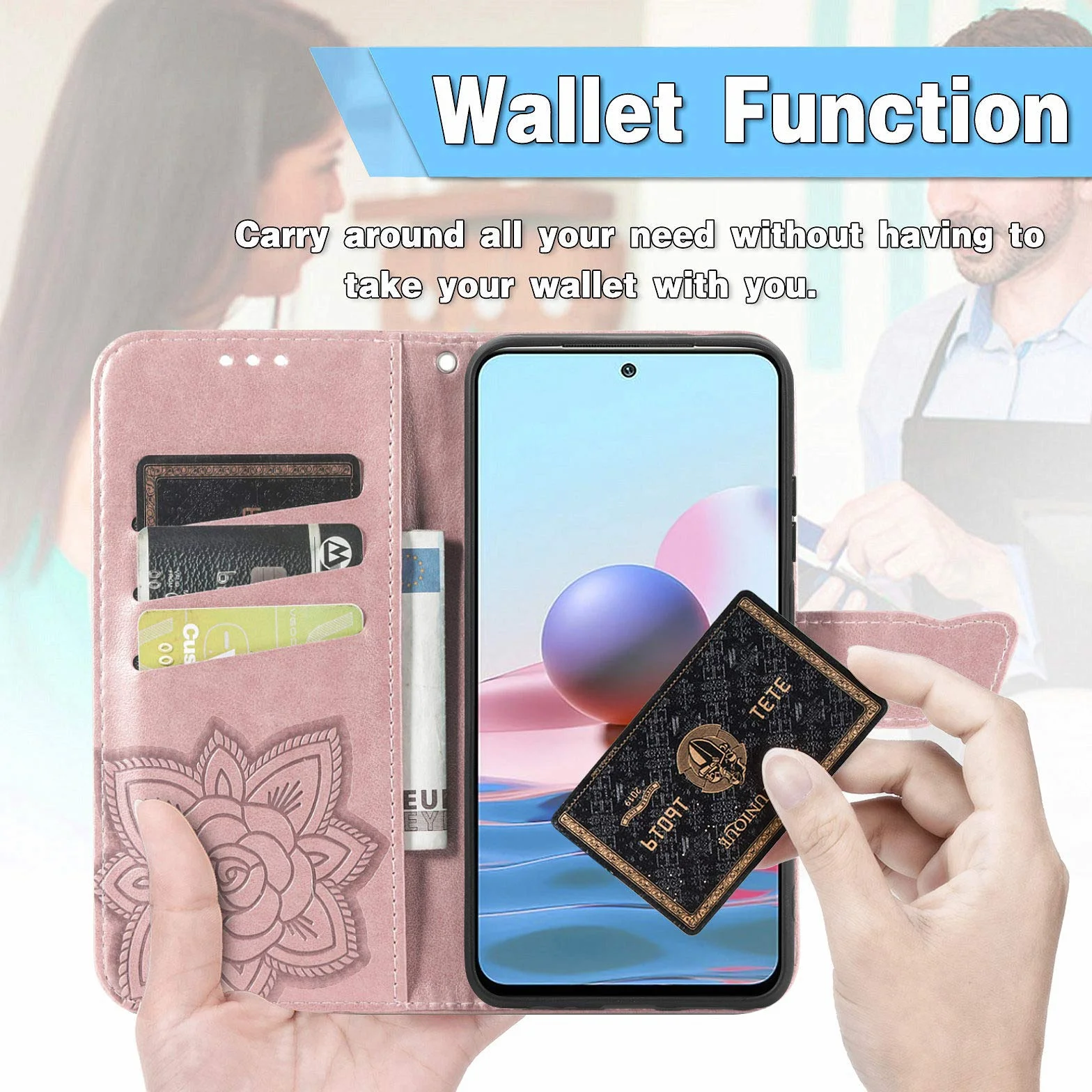 GOKEN Etui na Motorola Edge 40 Neo, pokrowiec z klapką ze skóry TPU/PU, magnetyczne zamknięcie etui na telefon z przegródkami na gotówkę i karty i uroczym wzorem/różowe złoto