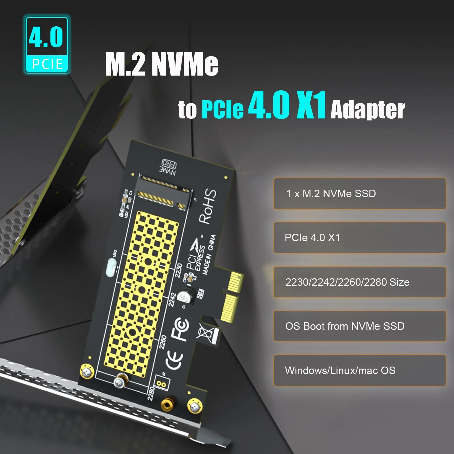 GLOTRENDS PA09-X1 Adapter M.2 NVMe na PCIe X1 dla 2230/2242/2260/2280 M.2 NVMe SSD, instalacja PCIe X1