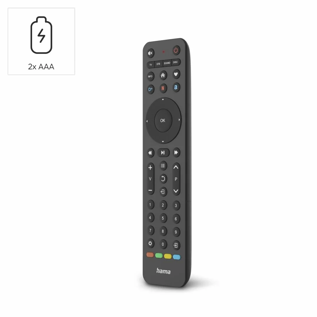 Hama uniwersalny pilot 4w1 Netflix (Do TV, soundbara, odtwarzaczacza Blu-Ray, do maks. czterech urządzeń, tryb uczenia się, przycisk Netflix, Prime Video, Disney+, w zestawie 2x bateria AAA)