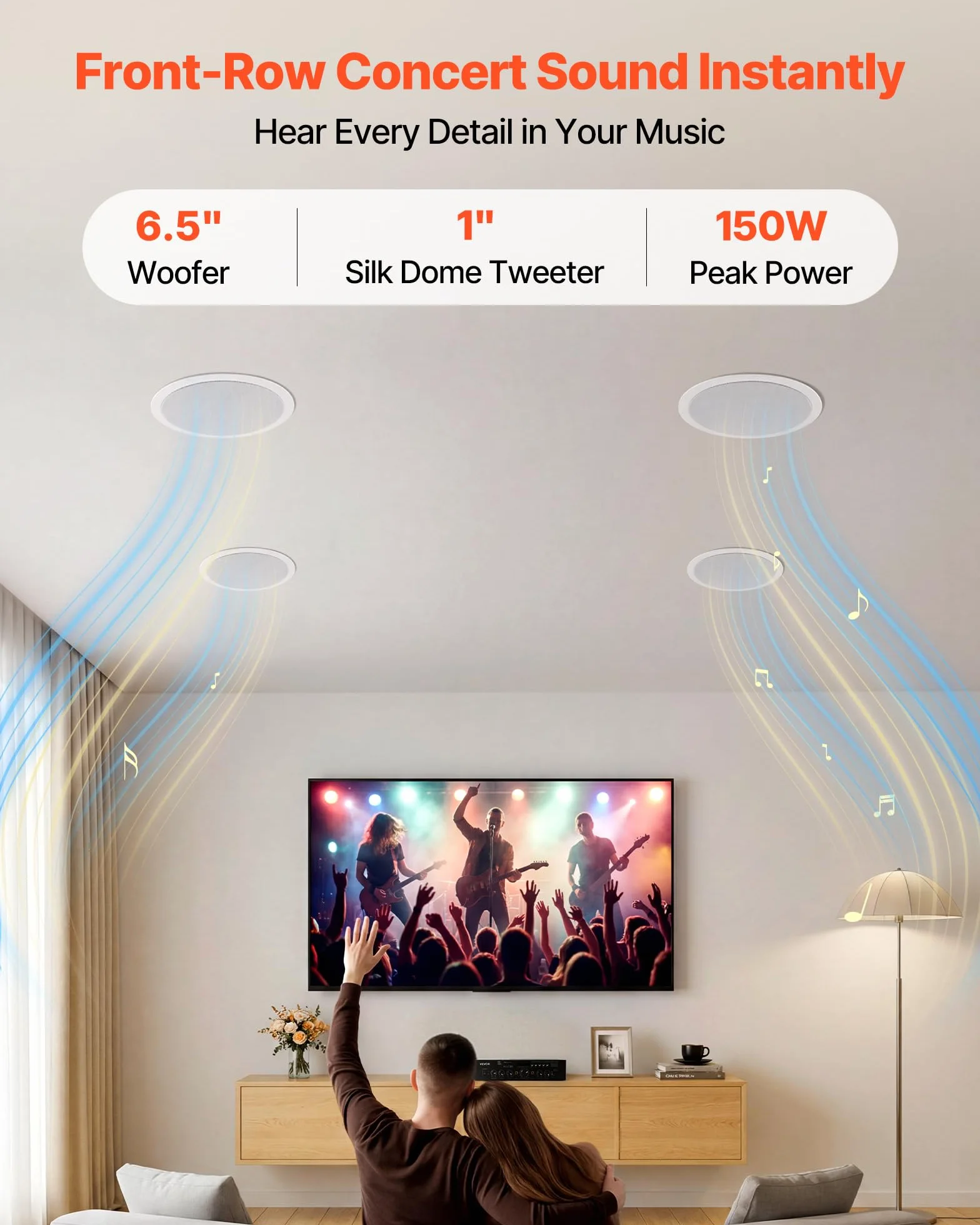 VEVOR Wbudowany głośnik sufitowy Bluetooth 165,1 mm, 4-częściowy zestaw głośników sufitowych do wilgotnych pomieszczeń, kino domowe, salon, zadaszony ganek, ze wzmacniaczem, 2-drożny montaż podtynkowy