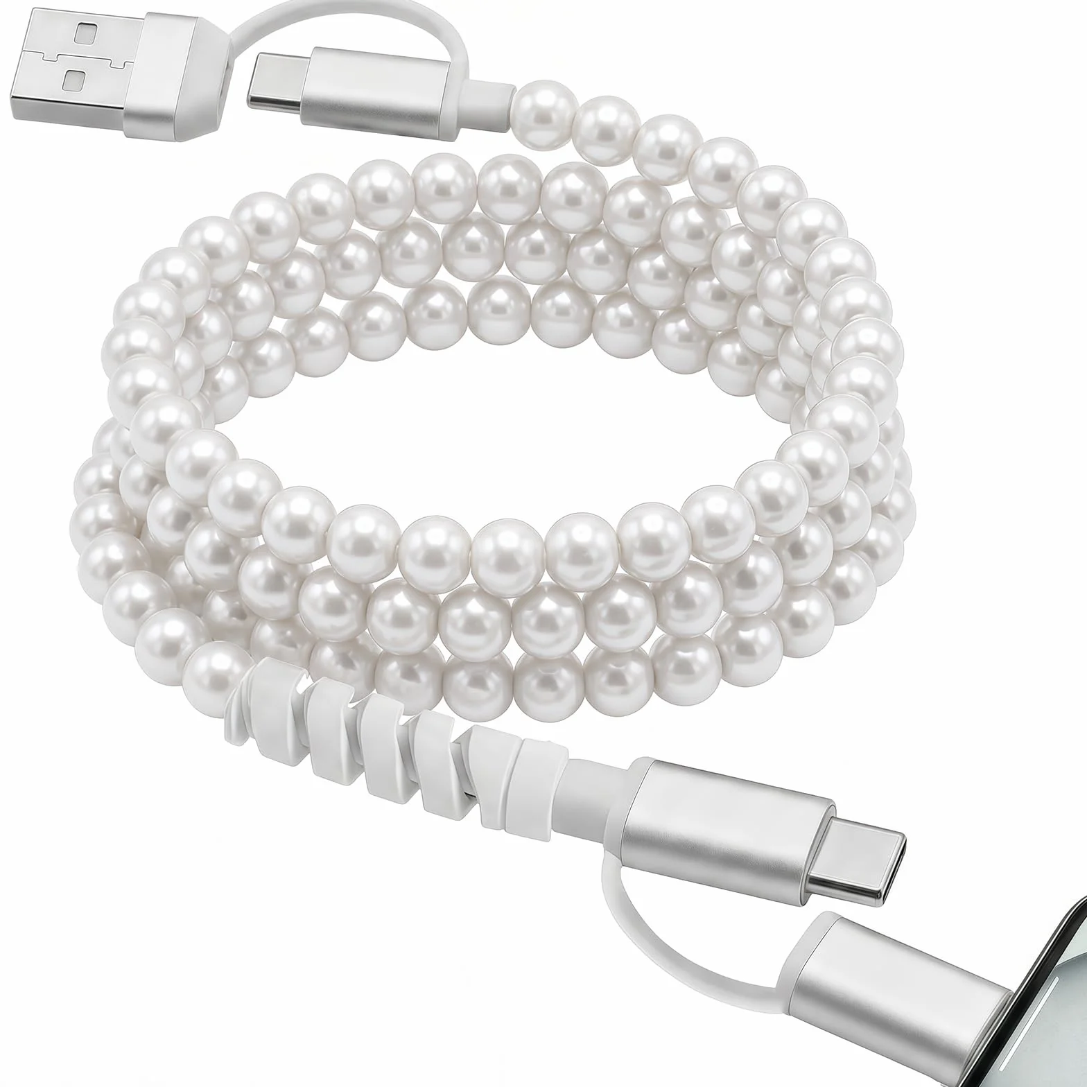 Perłowy kabel do ładowania 4 w 1, pięknie zapakowany, 60 W, certyfikat MFi, ładny, kolorowy kabel, kompatybilny z iPhone, iPad, AirPods, Galaxy i nie tylko (Full Moon