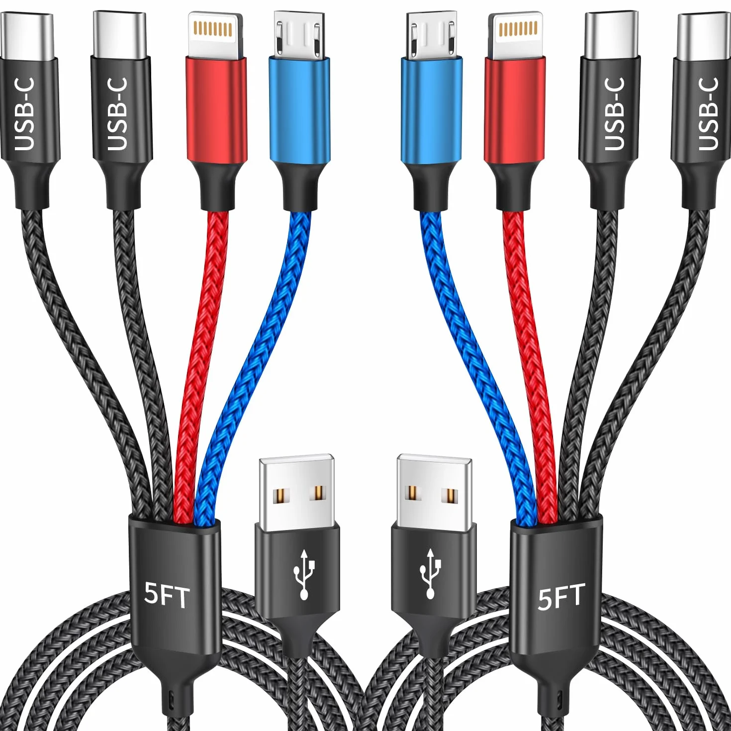 Podwójny kabel do ładowania TypeC 4 w 1, kable ładujące do wielu urządzeń | 2 x kabel USB, uniwersalny kabel do ładowania telefonu iPhone 17-8/Androids/iPad i innych, niezbędne akcesoria podróżne