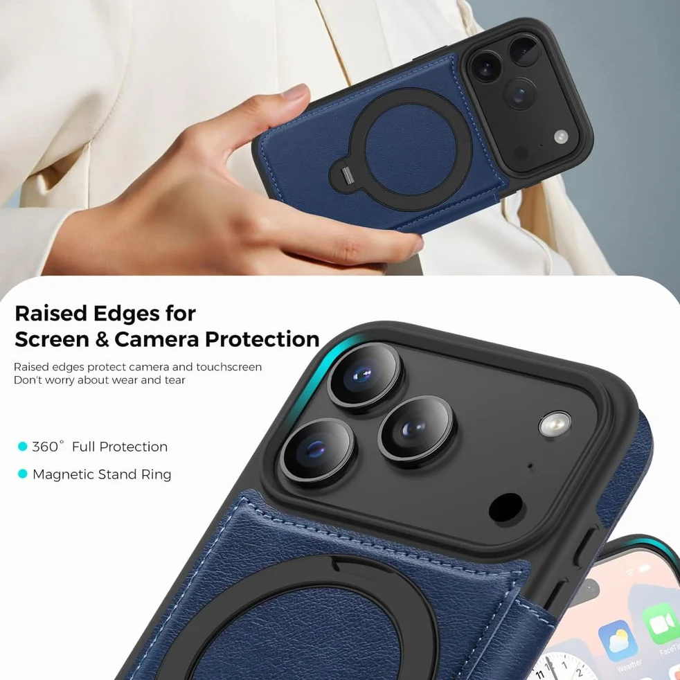 Skórzane etui na iPhone 17 Pro Max/17 Pro/Air/17, Biznesowe Klapki na Karty Etui na Telefon Komórkowy z Magnetycznym Uchwytem Pierścieniowym Obudowa, Szary, 17