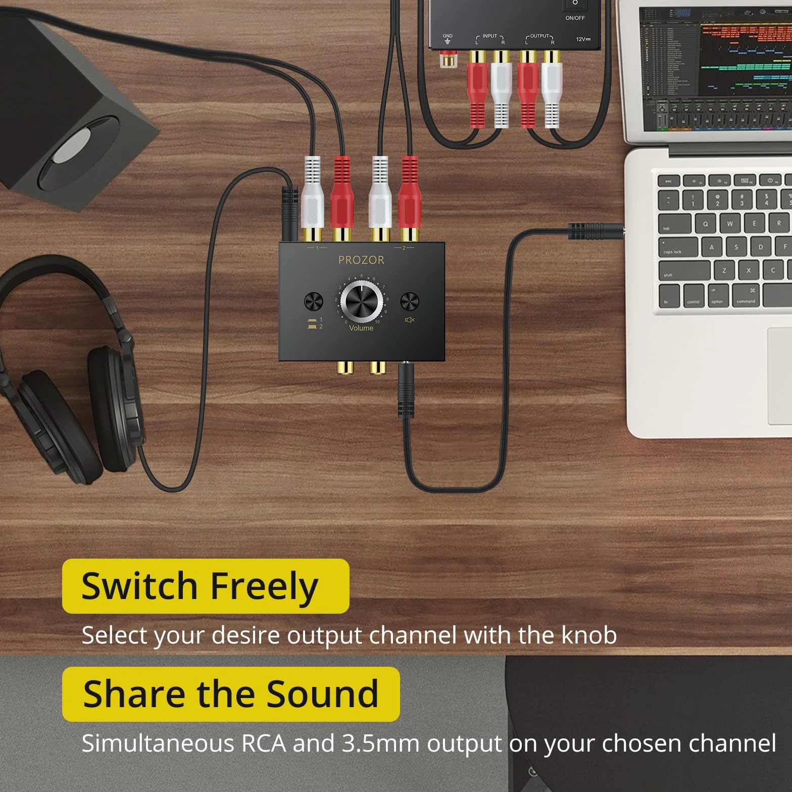 PROZOR Przełącznik audio stereo 3,5 mm i RCA – 2 (1)-In-1 (2)-Out rozdzielacz AUX L/R RCA dwukierunkowy przełącznik selektora, regulacja głośności i przycisk wyciszenia, pasywny konwerter do głośników