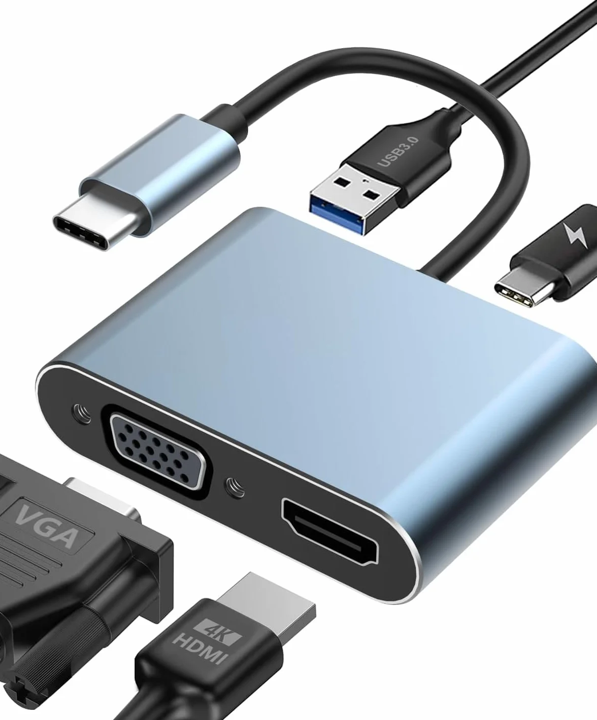 Adapter USB C do HDMI VGA 4K@30Hz - Wieloportowy 4 w 1 z Portem USB 3.0, Ładowaniem PD 100W - Kompatybilny z MacBook, Chromebook, HDTV